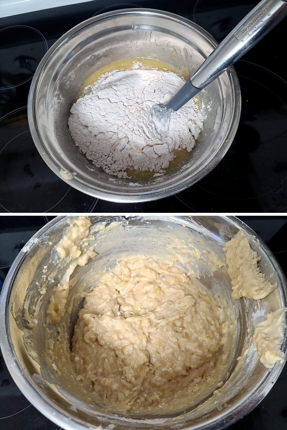 A 2 part image showing the dry ingredients being added to the bowl of wet ingredients and mixed in.