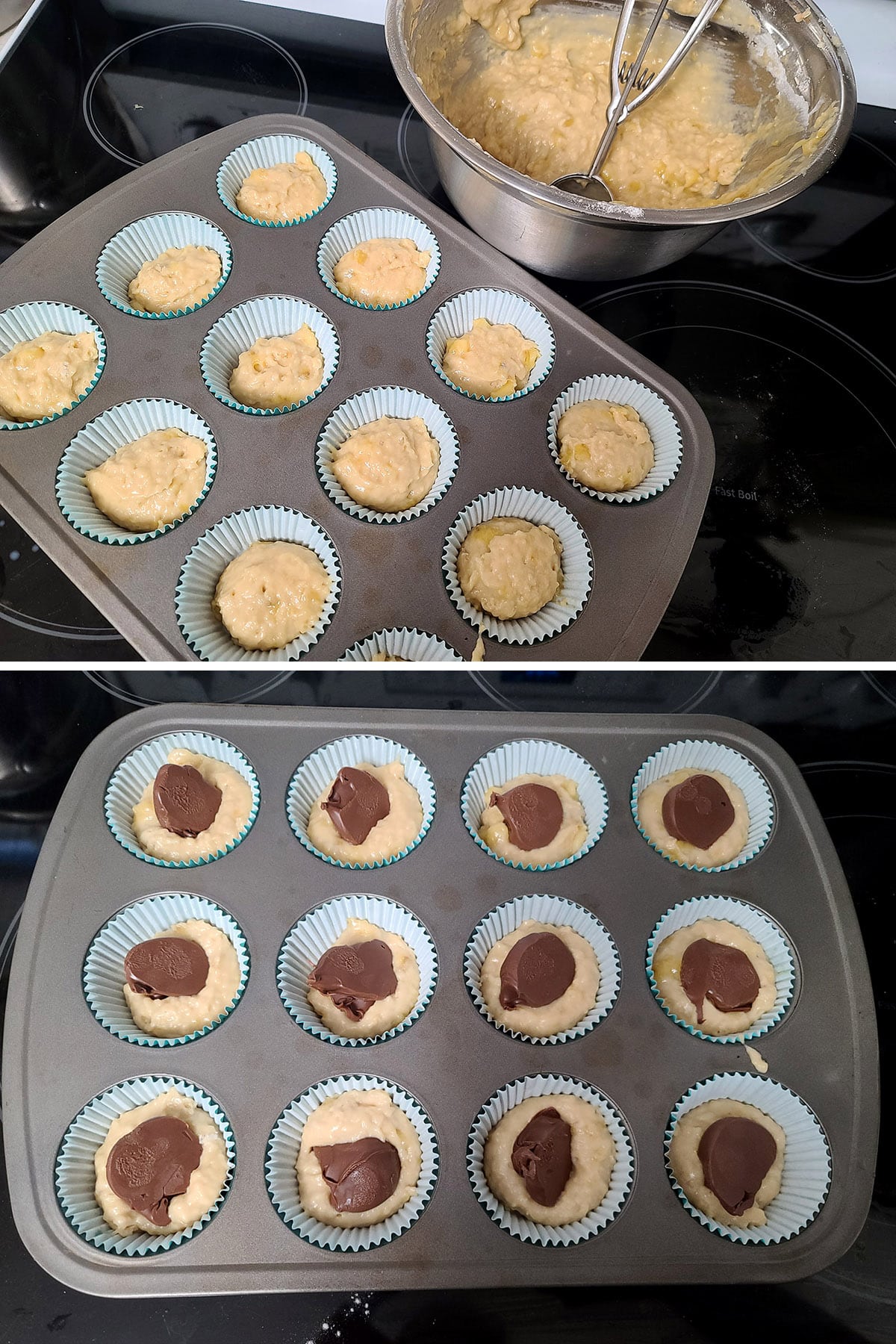 A 2 part image showing the first round of muffin batter in the muffins cups, then each topped with a frozen lump of Nutella.