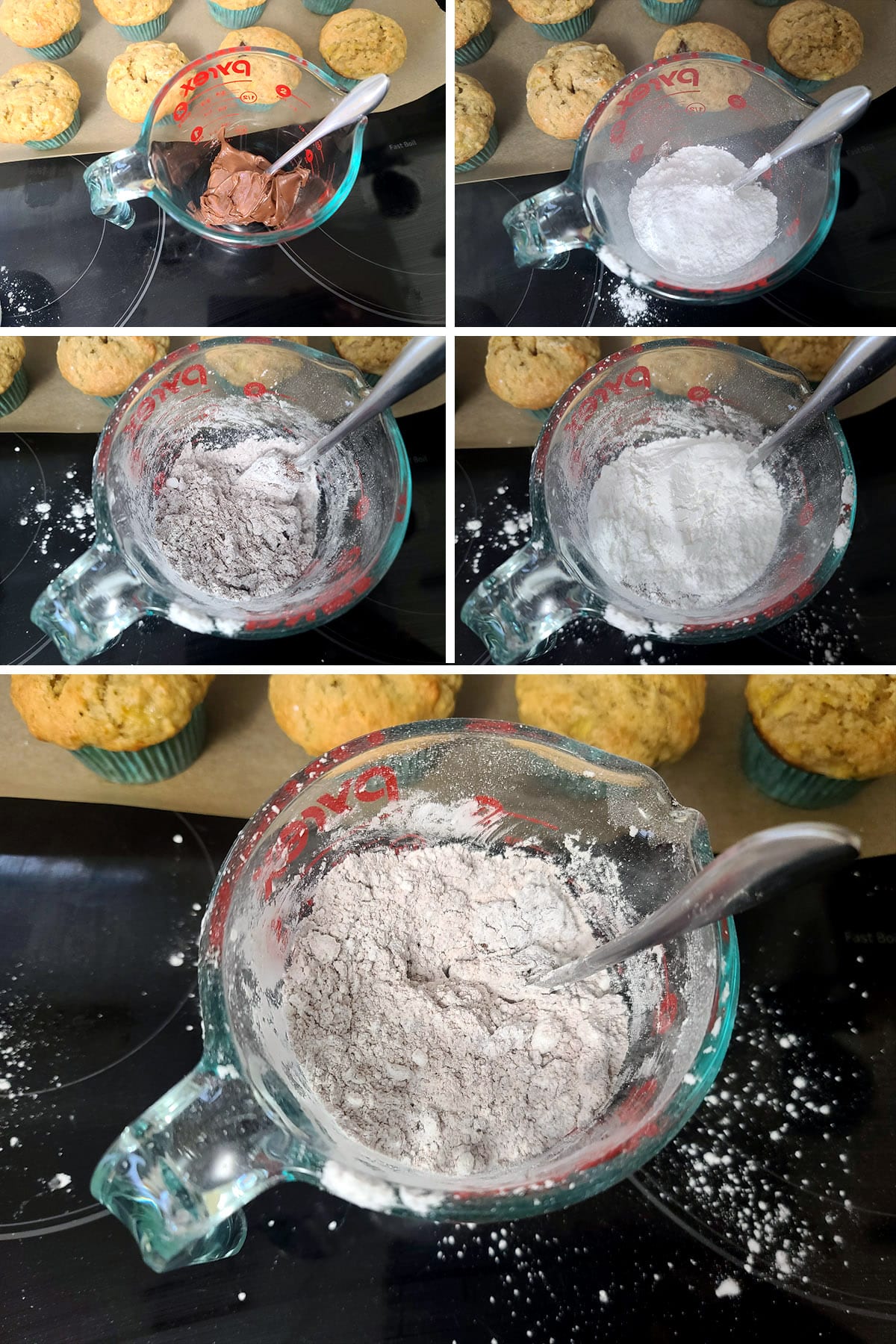 A 5 part image showing the Nutella and icing sugar being mixed together a little at a time.