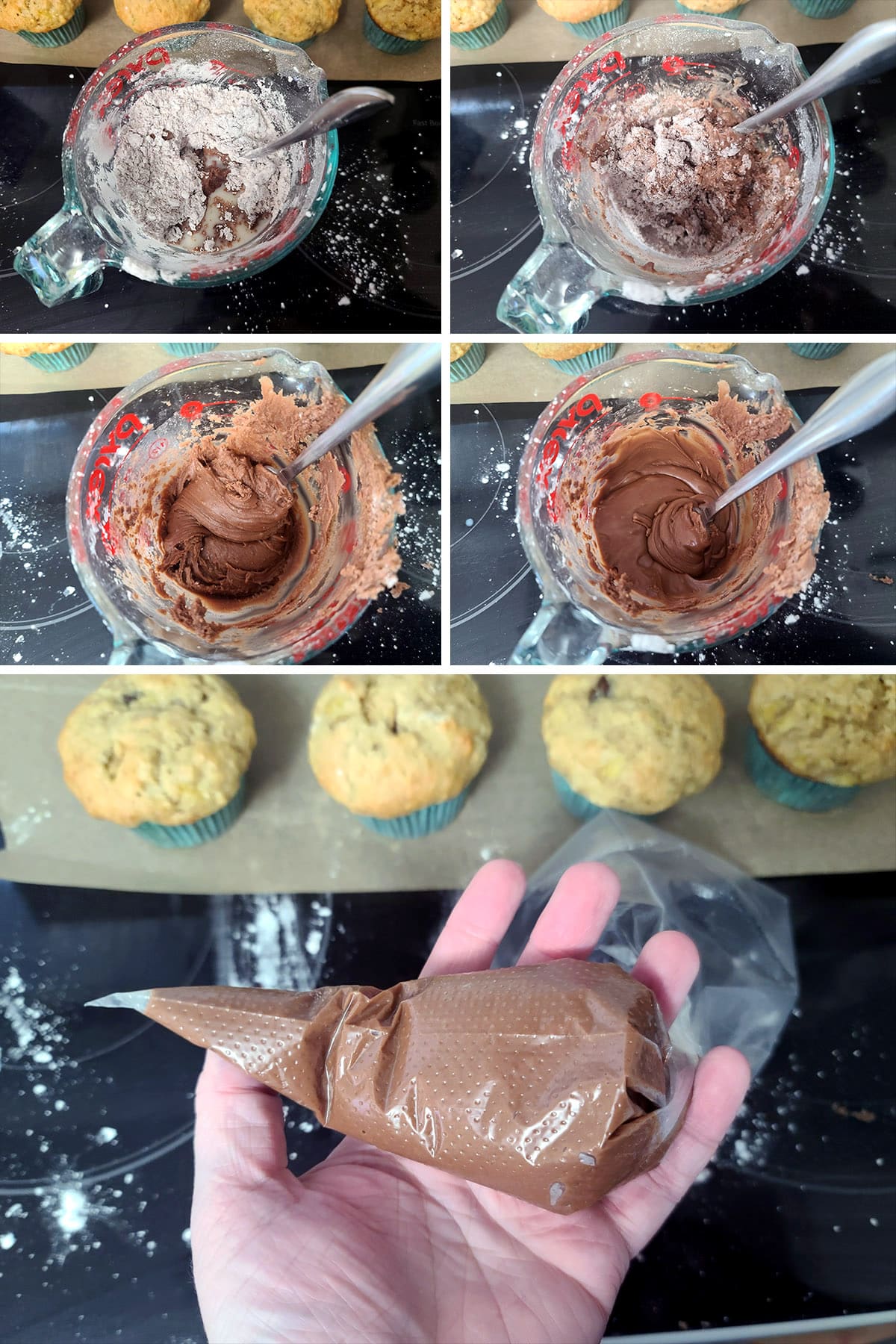 A 5 part image showing the milk being added to the icing mixture, whisked into a thick paste, then smooth after microwaved.