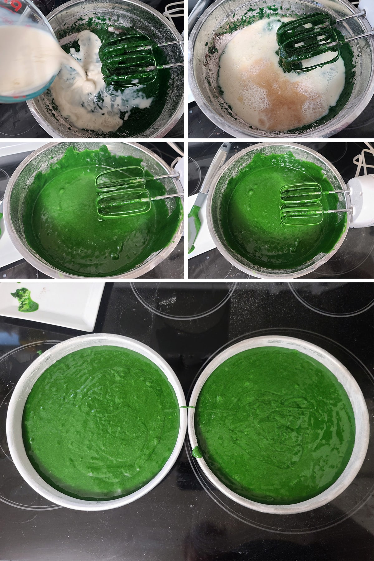 A 5 part image showing the milk being added and whipped to a bright green batter, then poured into 2 round cake pans.