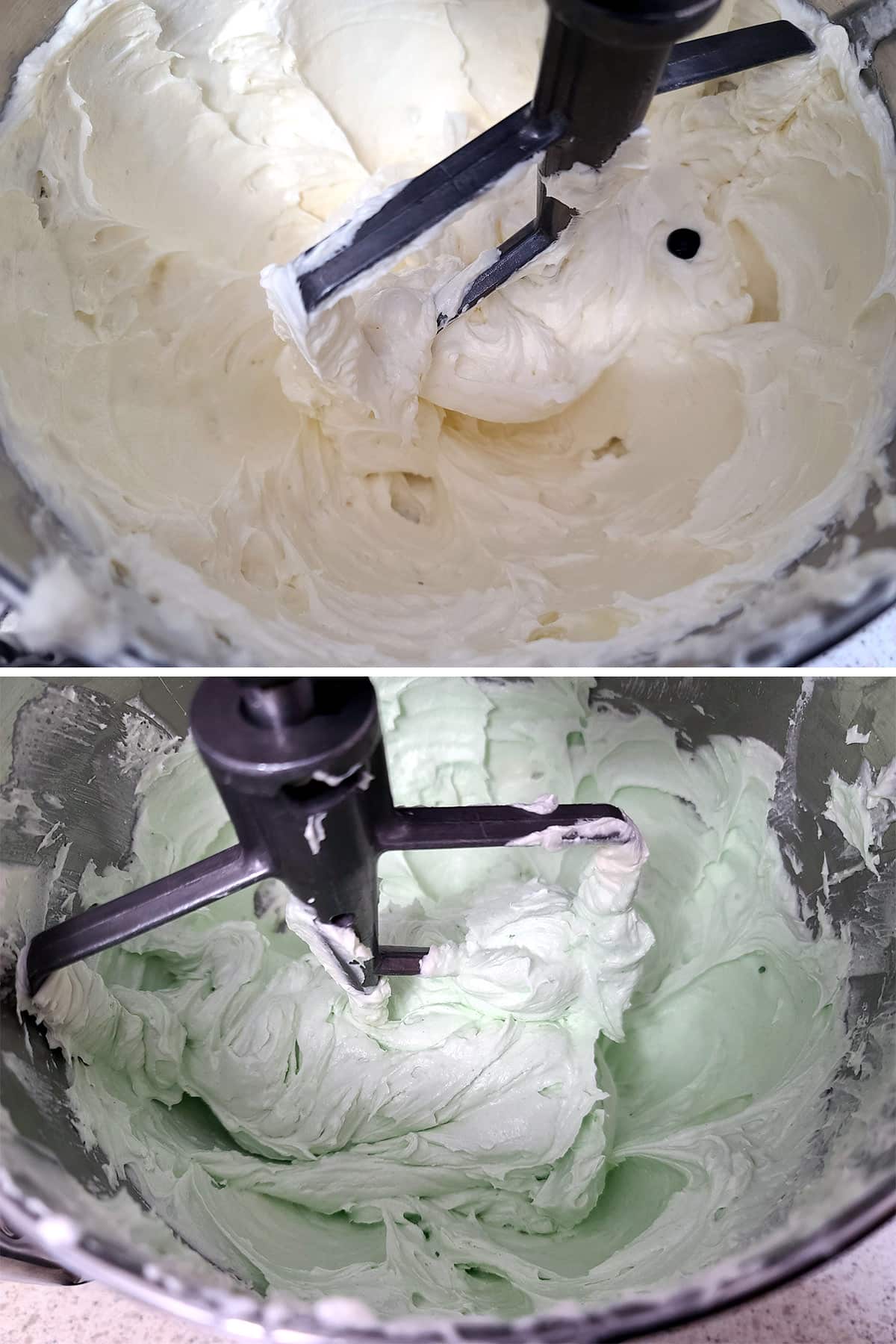 A 2 part image showing a little green food coloring being added to a mixer bowl of white icing, and beaten to a light green colour.