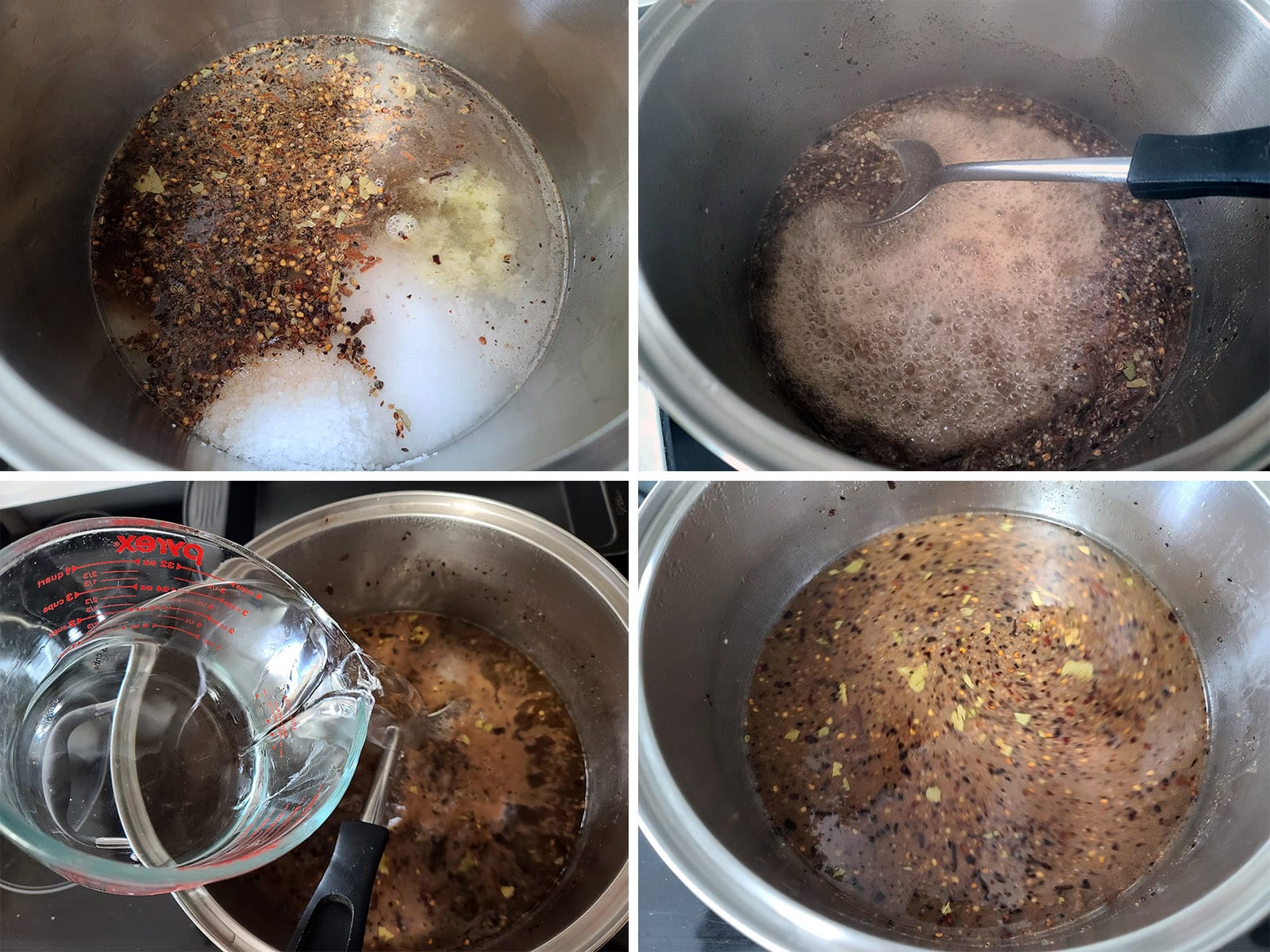 A 4 part image showing the water, salt, and pickling spice being cooked into a brine.