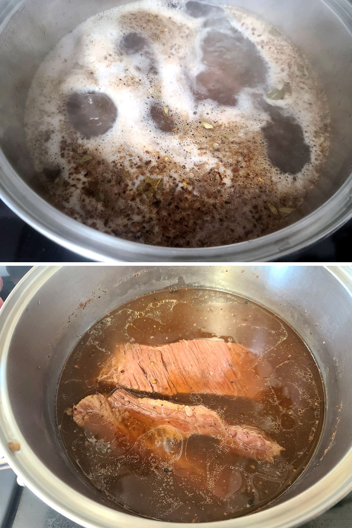 A 2 part image showing the brisket being boiled in a large pot.