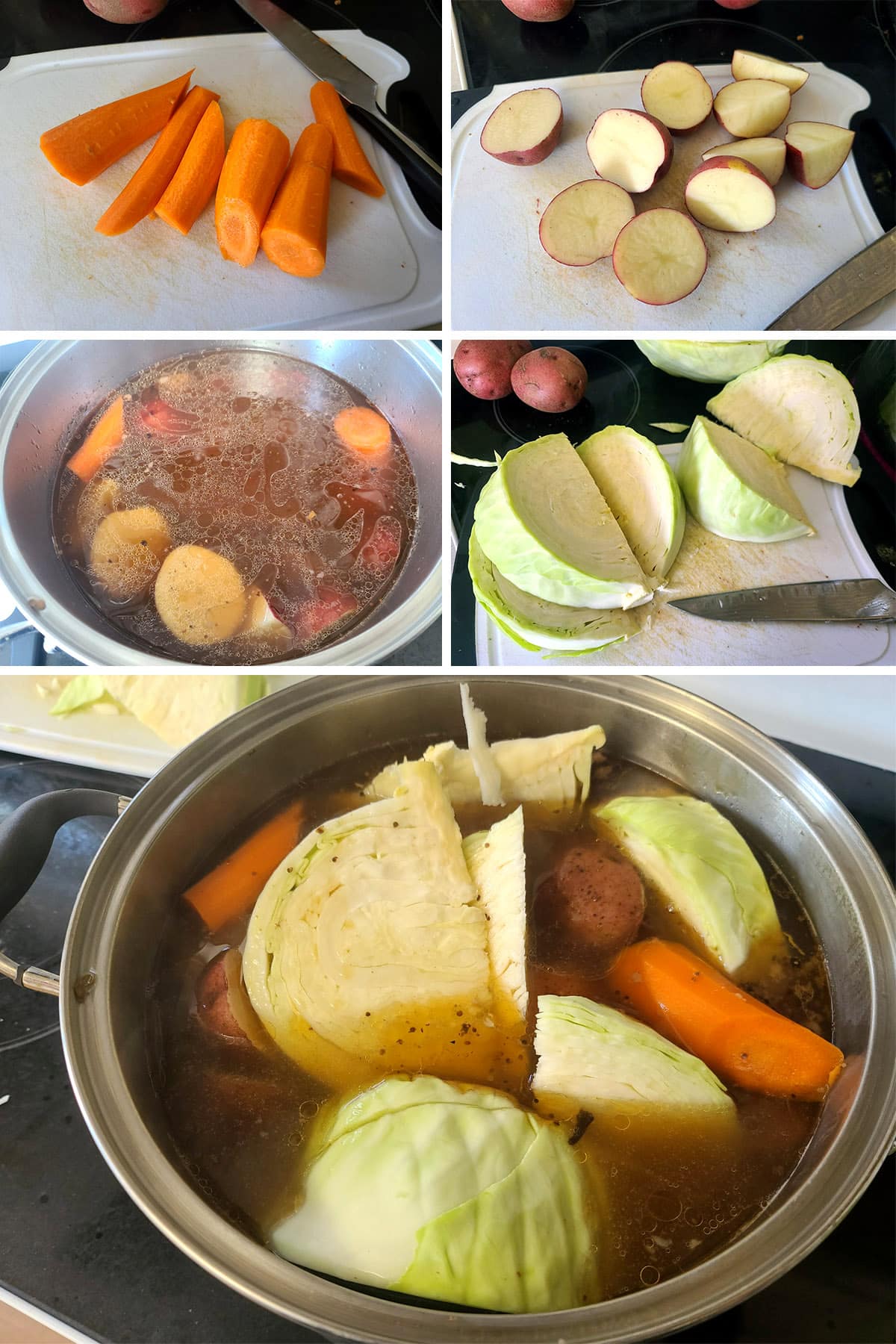 A 5 part image showing the carrots and potatoes being chopped and added to the pot, then the cabbage cut and also added.