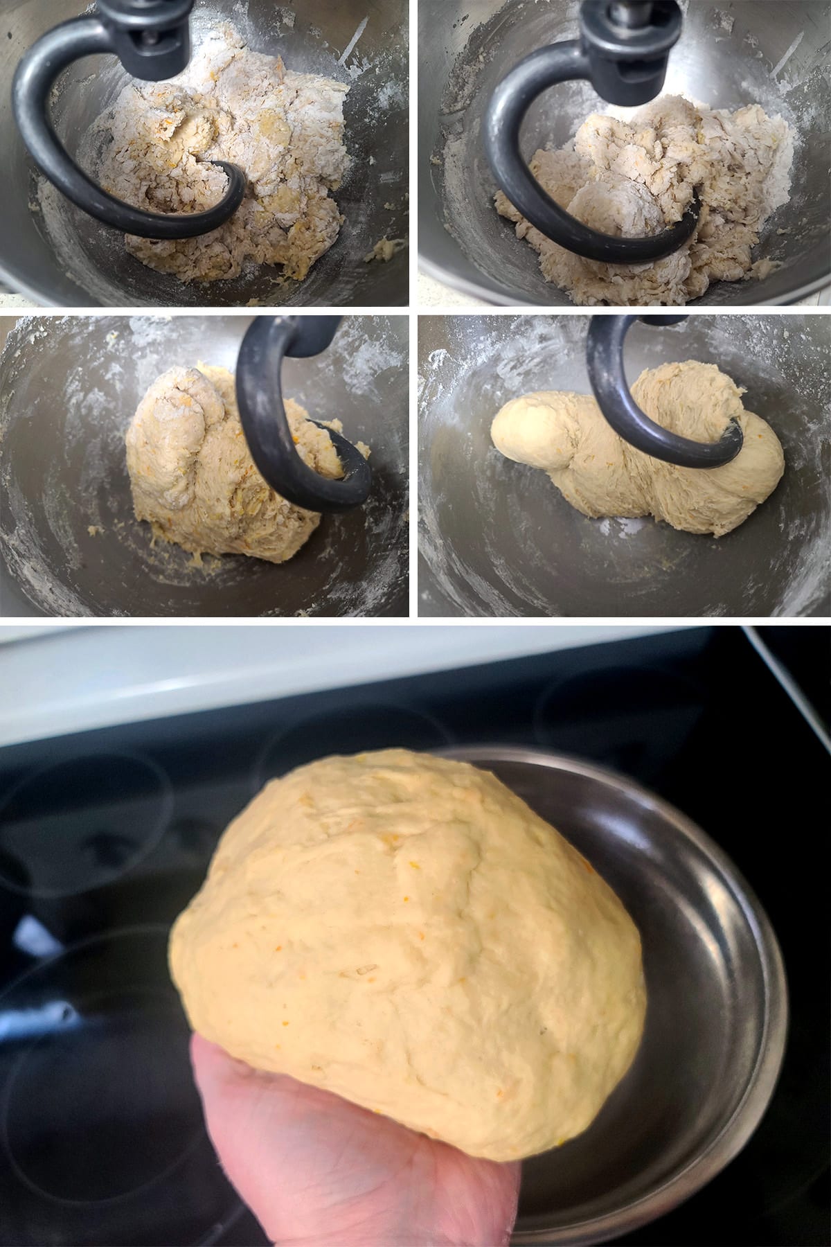 A 5 part image showing the dough being kneaded in a stand mixer, into a smooth ball.