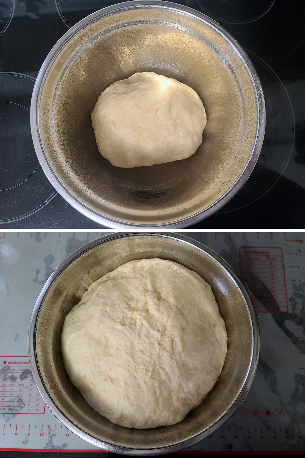 A 2 part image showing the dough ball in a bowl, before and after doubling in size.