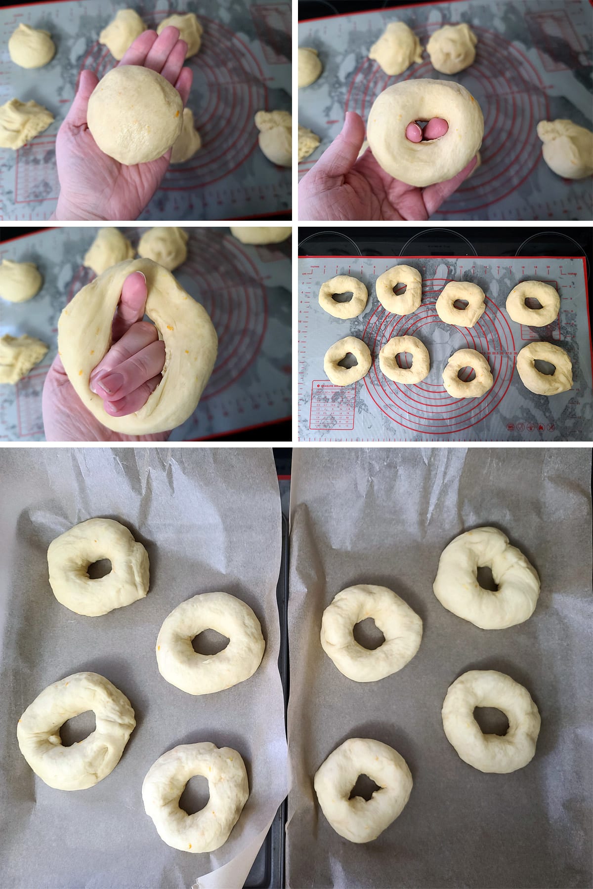 A 5 part image showing the dough portions being rolled into balls and formed into bagels.