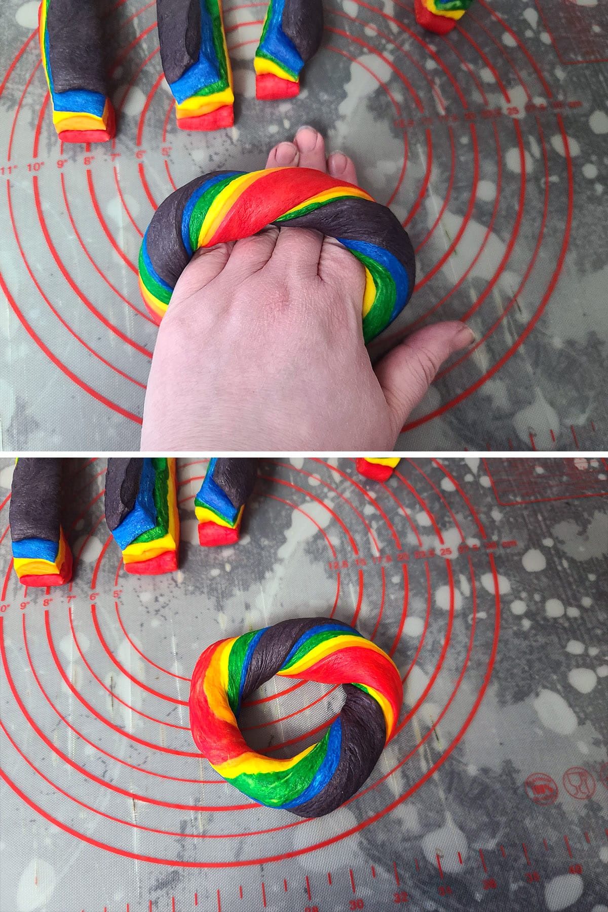 A 2 part image showing the dough being pressed together, and a finished round of twisted rainbow dough in bagel shape.