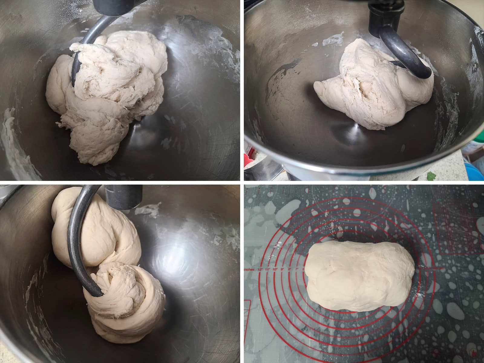 A 4 part image showing the dough being kneaded in a stand mixer, to form a smooth ball.