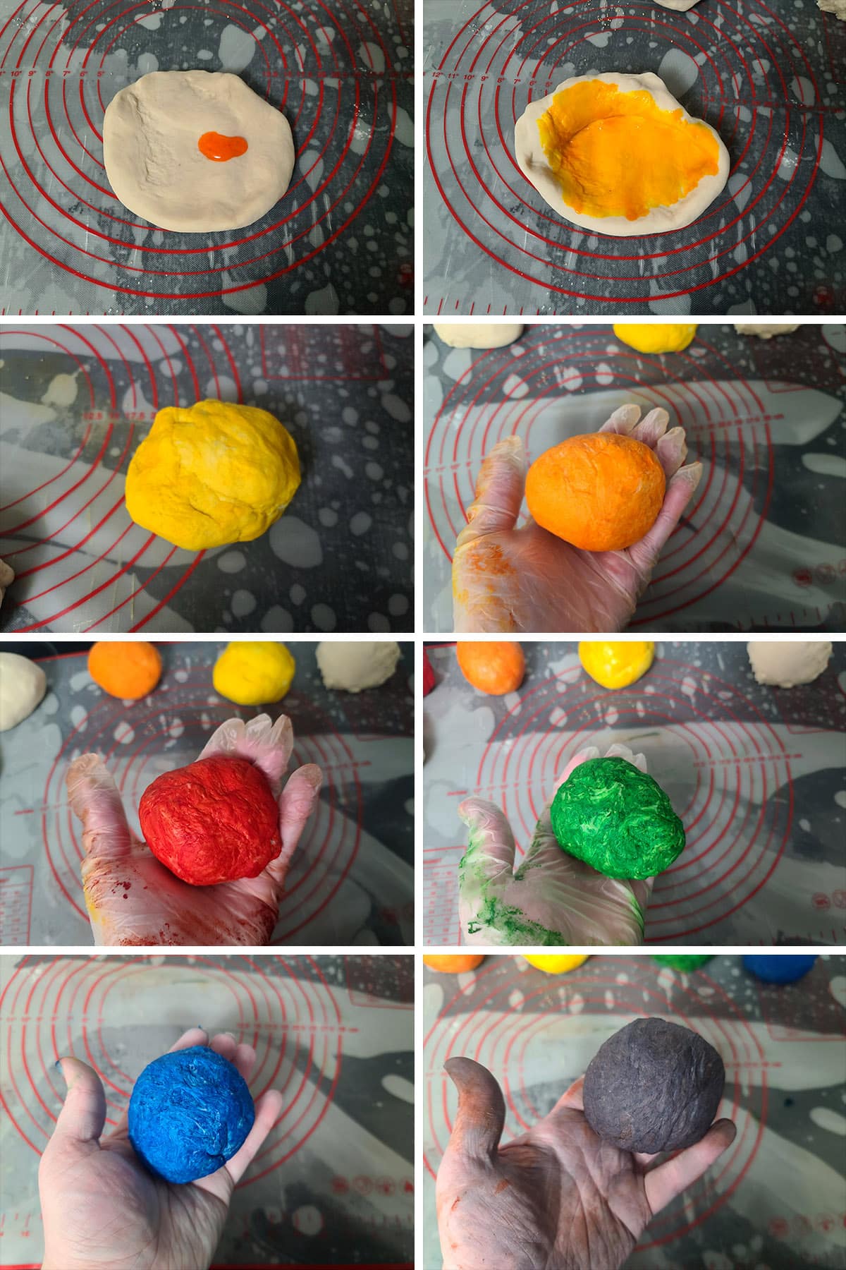 An 8 part image showing food coloring being used to dye the dough pieces red, orange, yellow, green, blue, and purple.