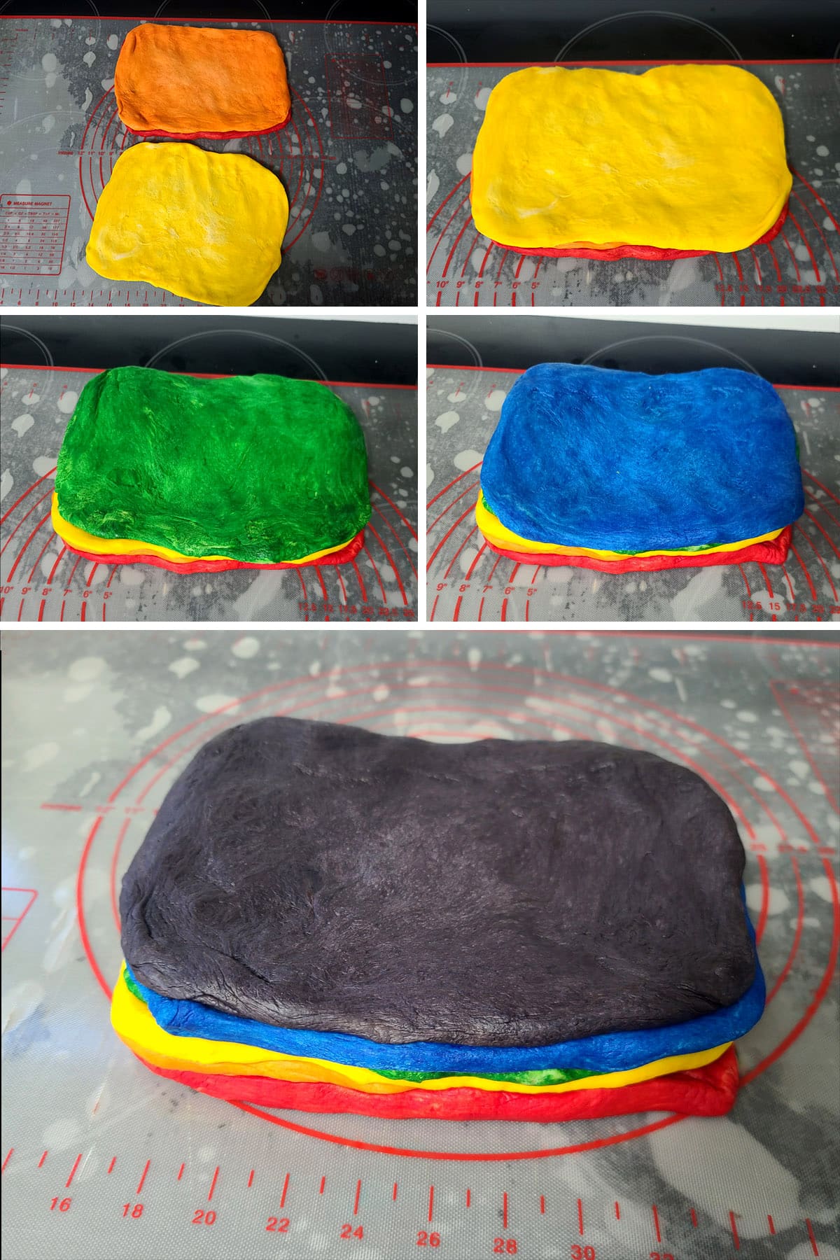 A 5 part image showing all of the doughs being pressed out and stacked in rainbow order, purple on top.