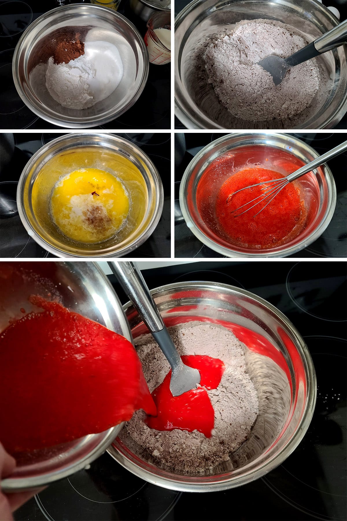 A 5 part image showing the dry ingredients being mixed, the wet ingredients being mixed, then the wet being poured into the dry.