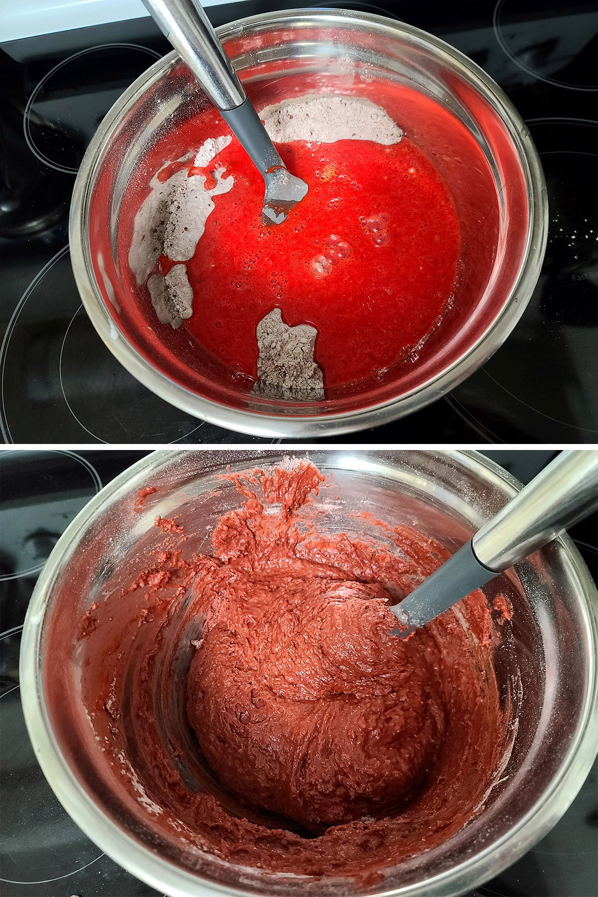 A 2 part image showing the red velvet batter being mixed.