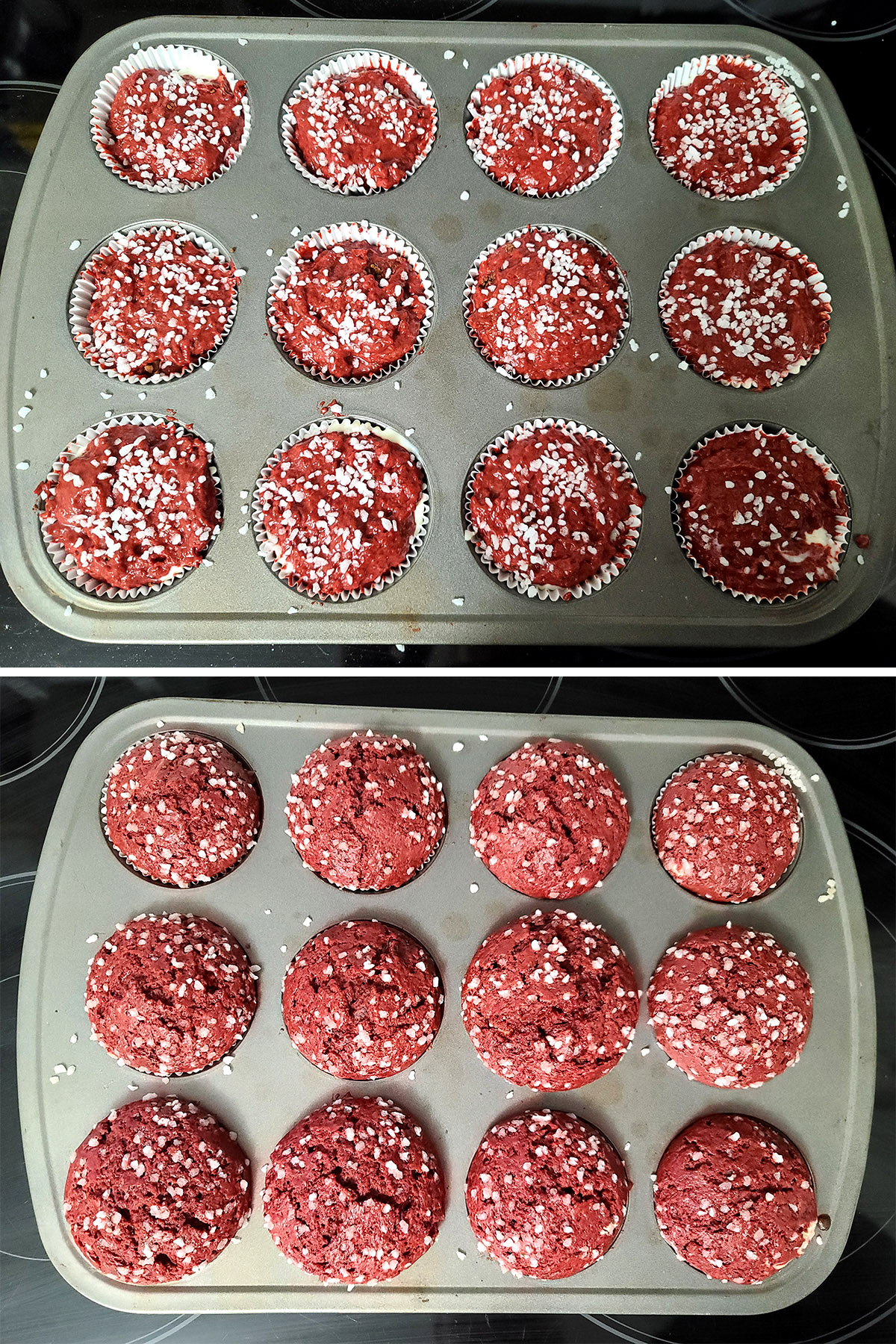 A 2 part image showing the sugar topped muffins before and after being baked.