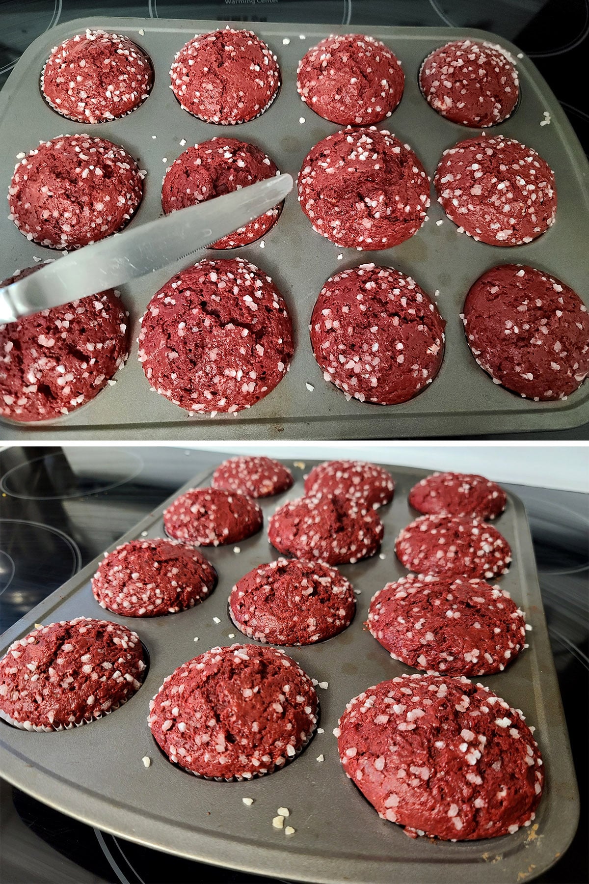 A clean butter knife held over a pan of baked red velvet muffins.