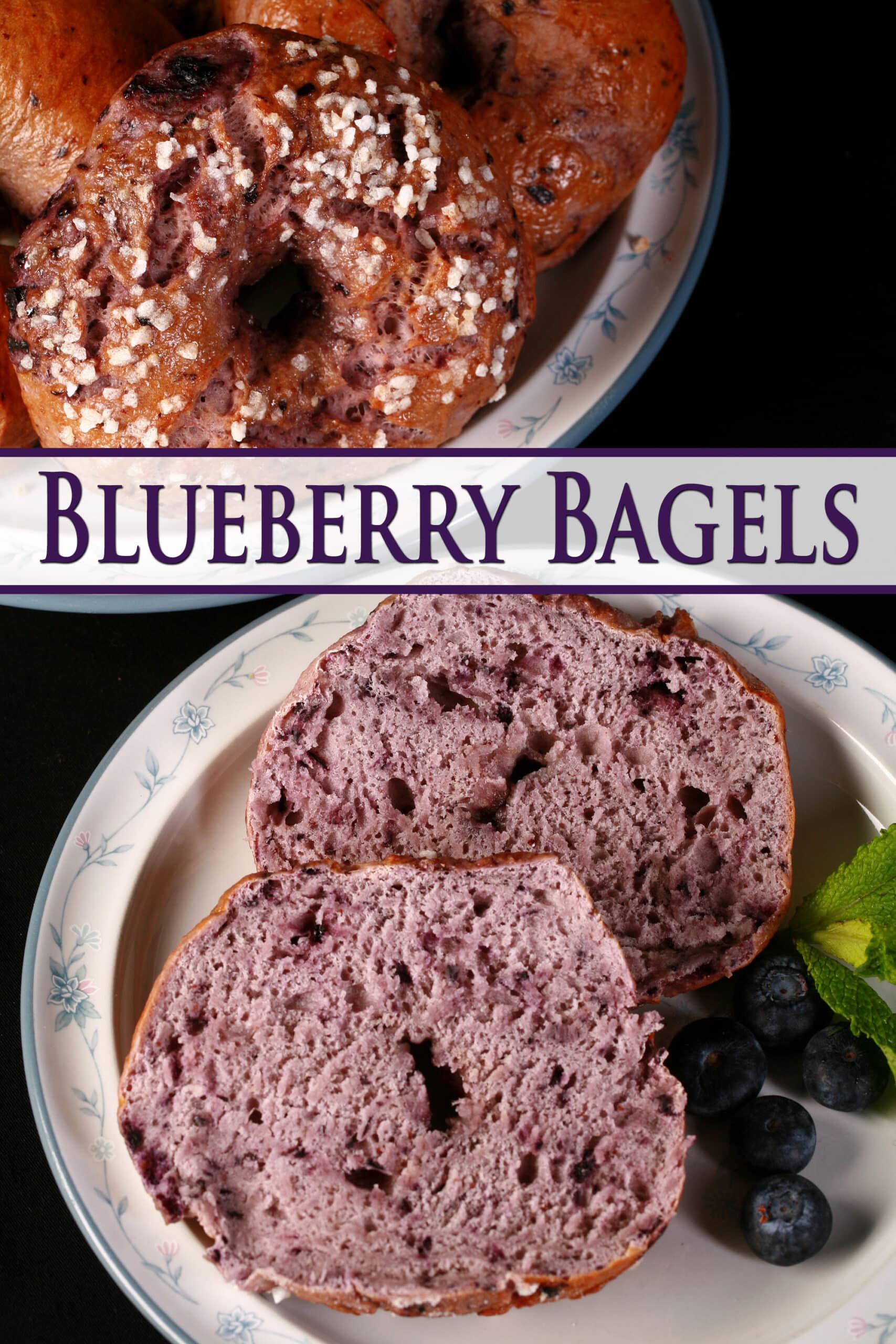 A split open blueberry bagel on a small plate in front of a plate of 6 more blueberry bagels.