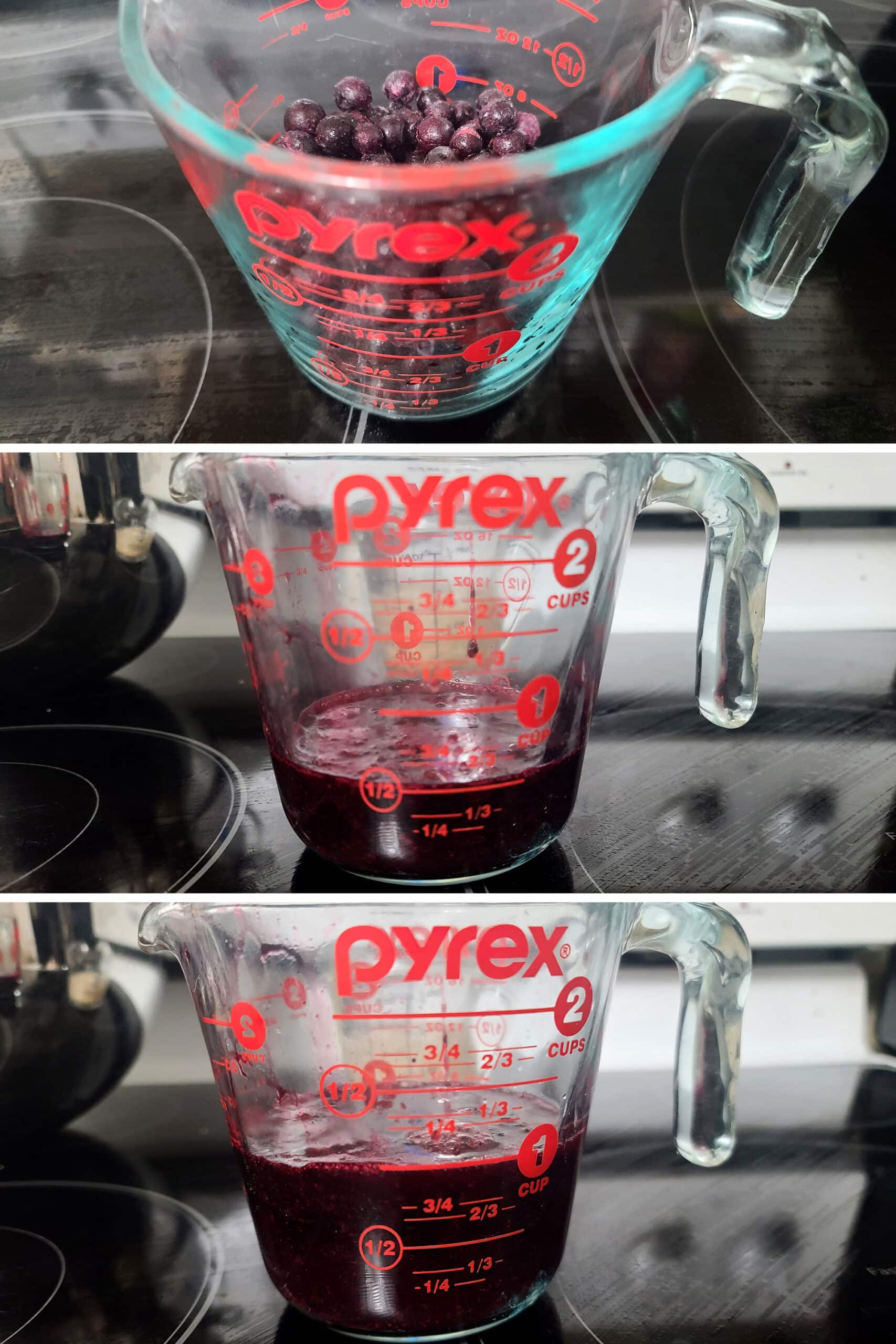 A 3 part image showing a measuring cup of frozen blueberries, then ½ cup of blueberry puree, then 1 cup of blueberry puree and water.