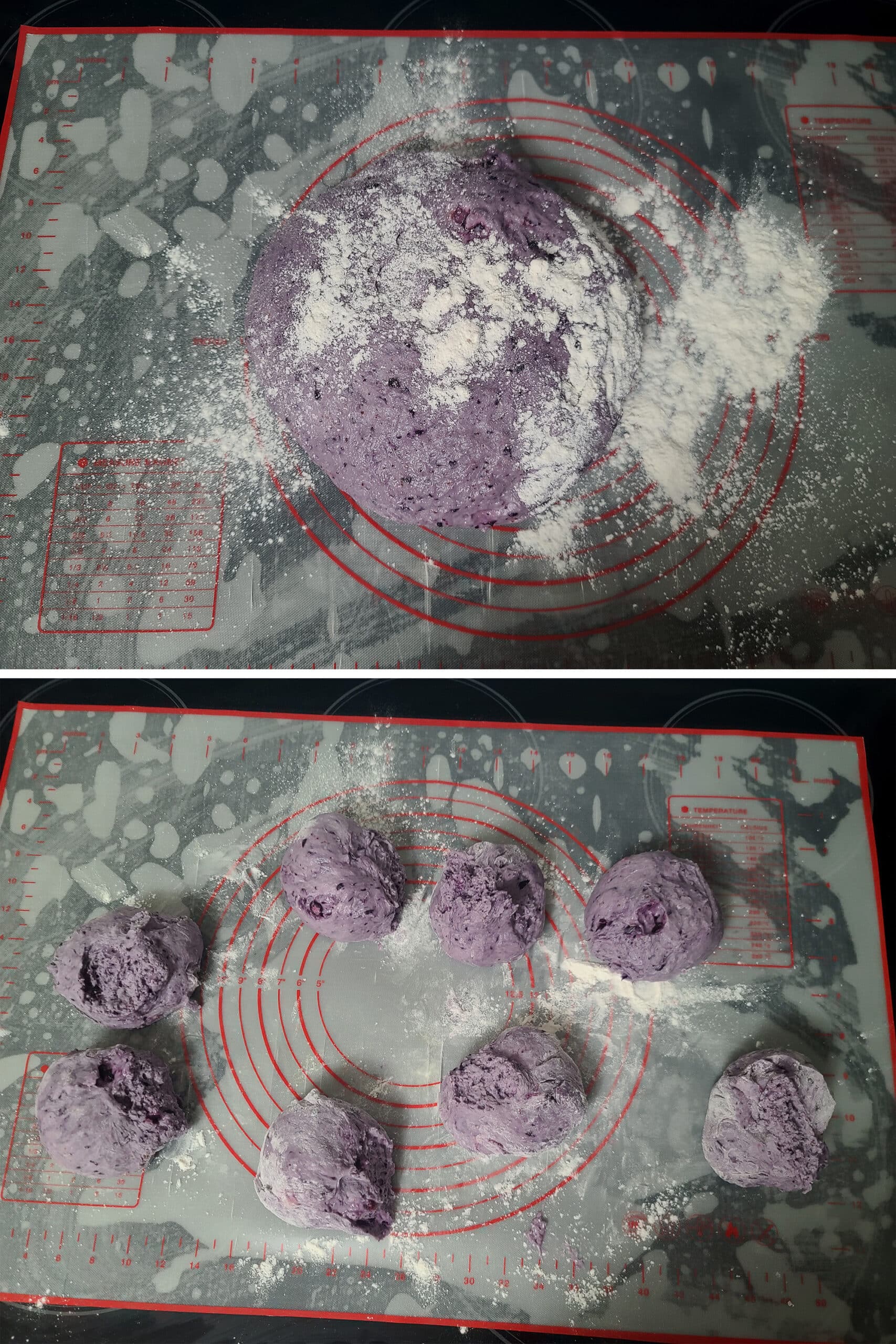 A 2 part image showing the ball of dough on a floured surface, then divided into 8 equal pieces.