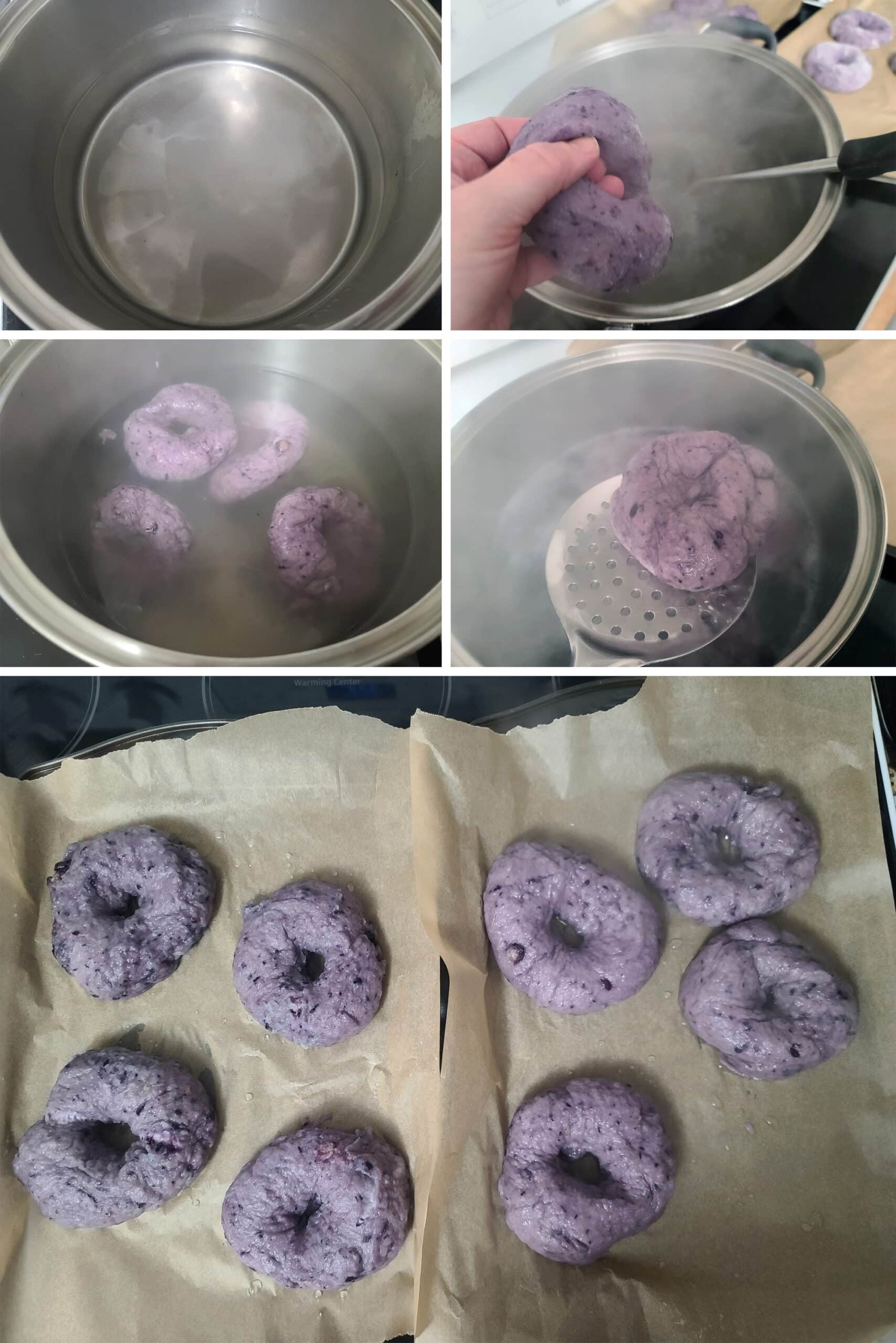 A 5 part image showing a pot of boiling sugar water, a bagel being put into the boiling water, boiled, drained, and set on a pan with 7 other boiled bagels.
