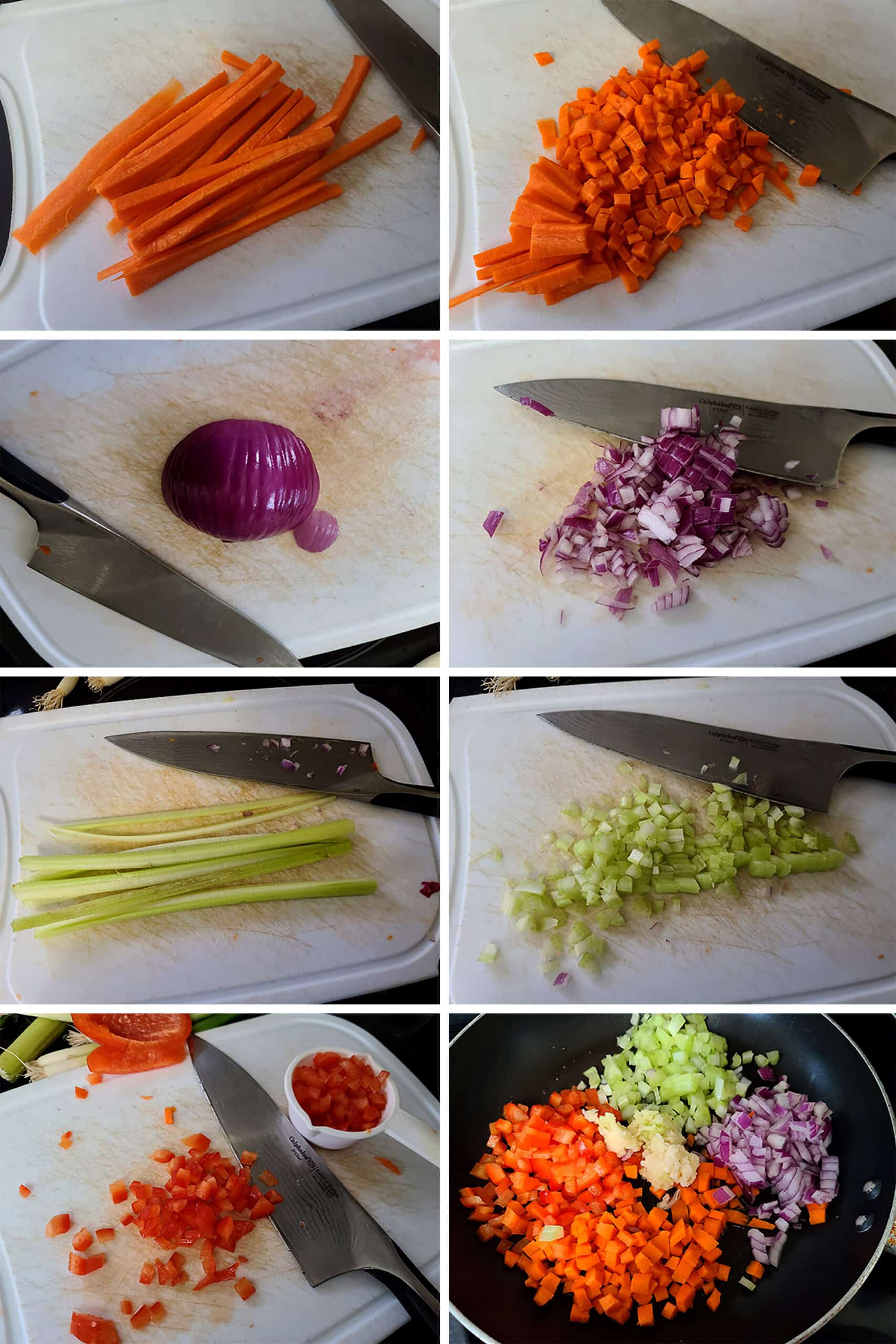 An 8 part image showing all of the vegetables being cut into tiny pieces.