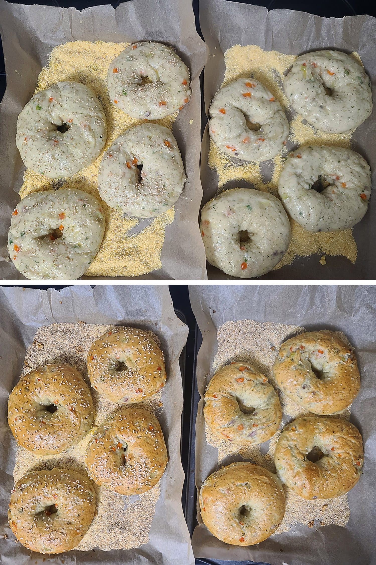 2 part image showing the 2 pans of veggie bagels, before and after baking.