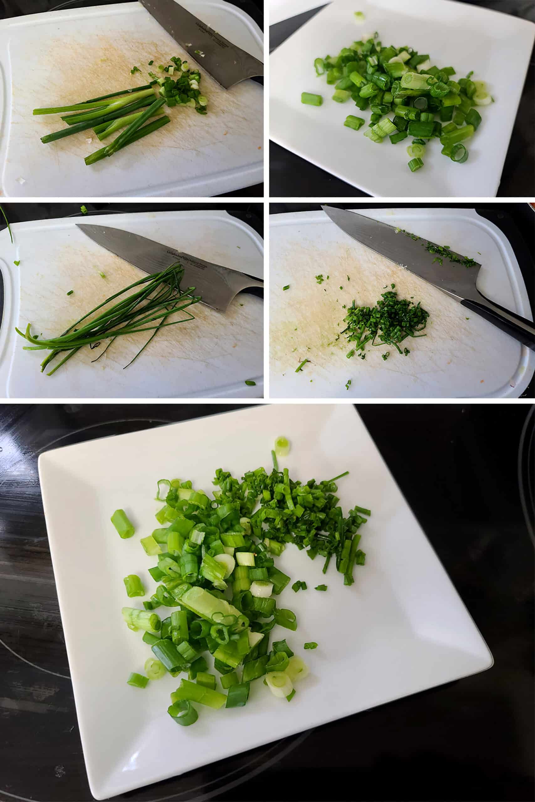 A 5 part image showing the fresh dill, chives, and green onions being chopped and sliced.