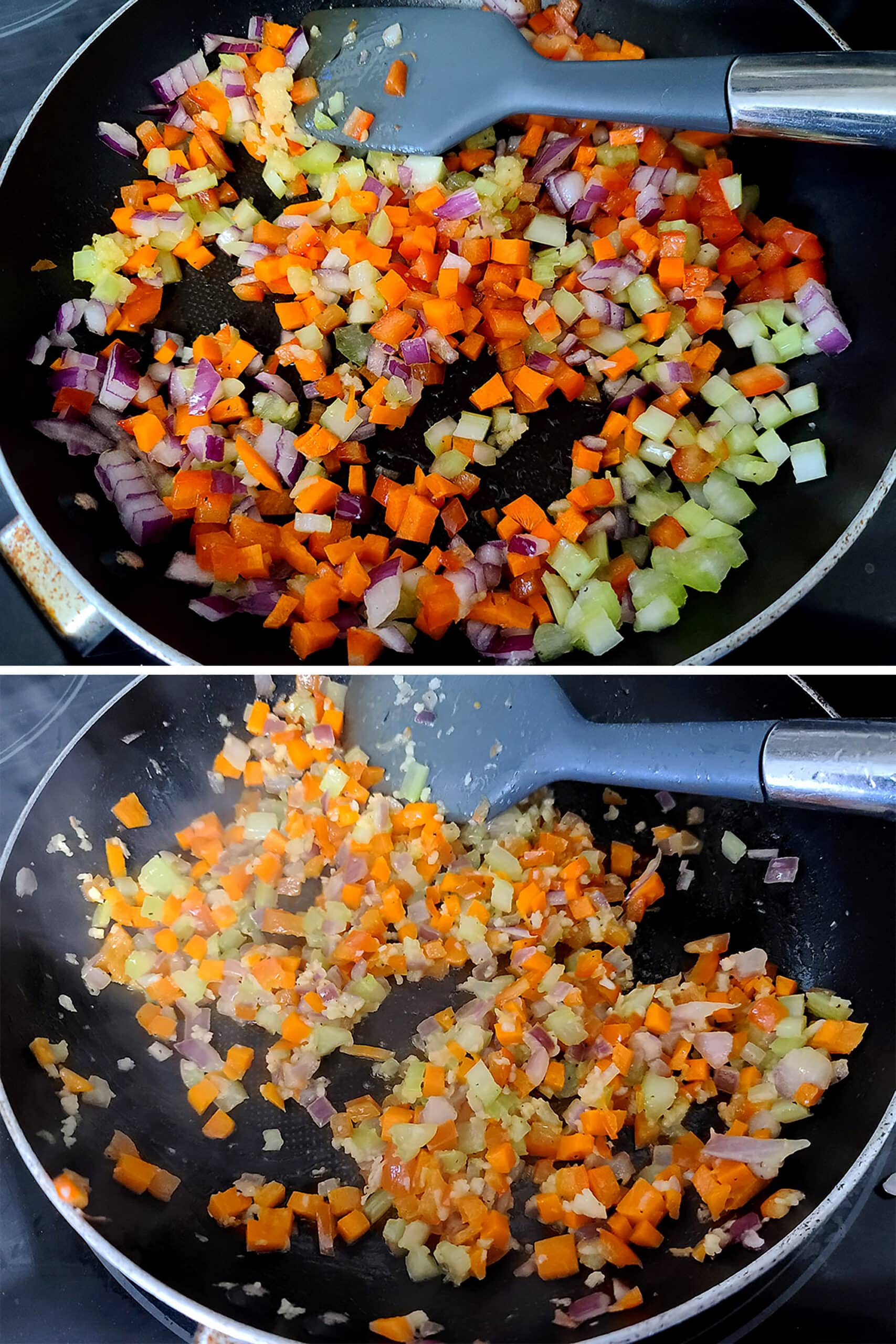 A 2 part image showing the chopped vegetables being cooked in a nonstick pan.