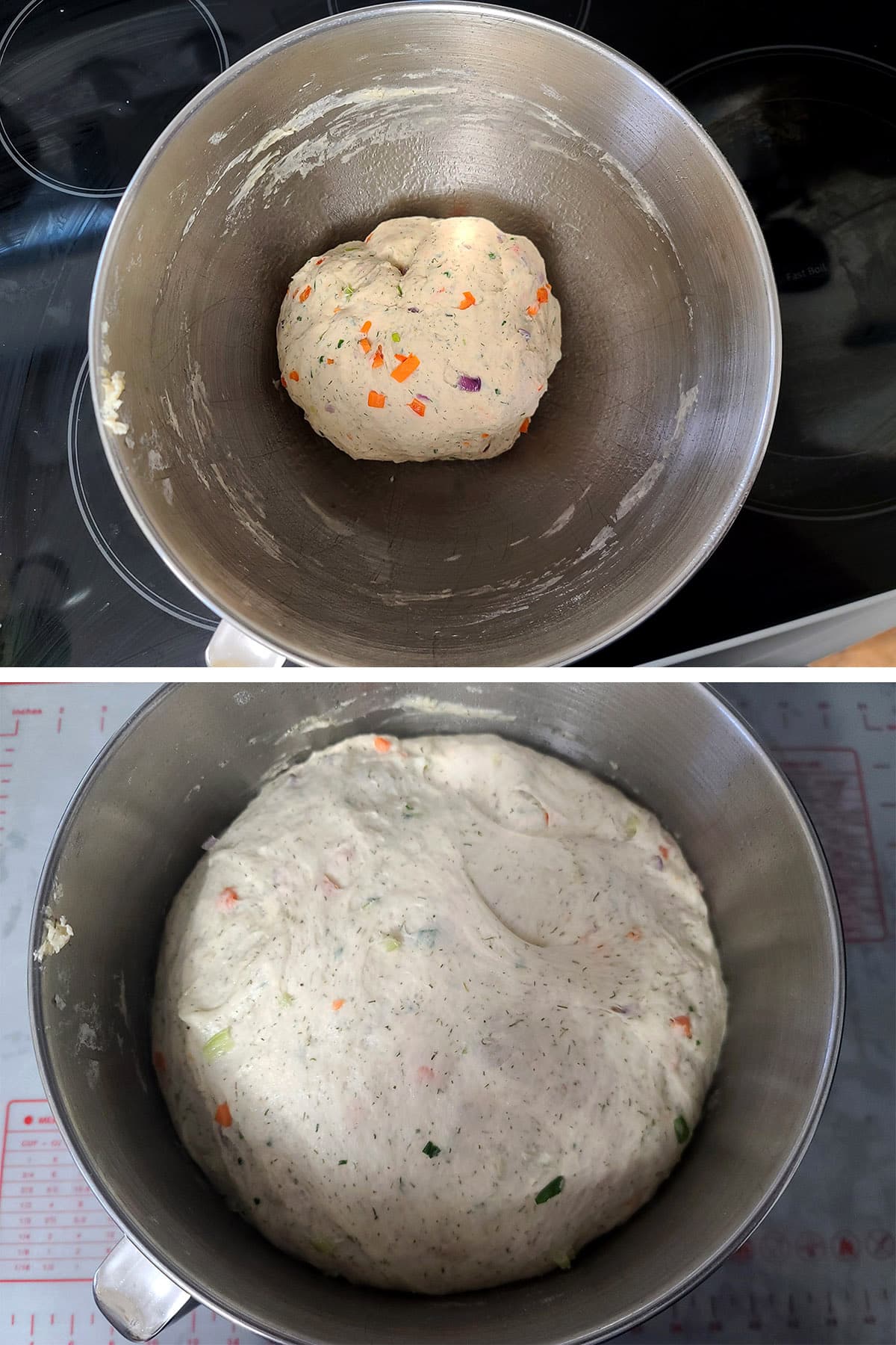 A 2 part image showing the bowl of dough, before and after the dough doubled in size.