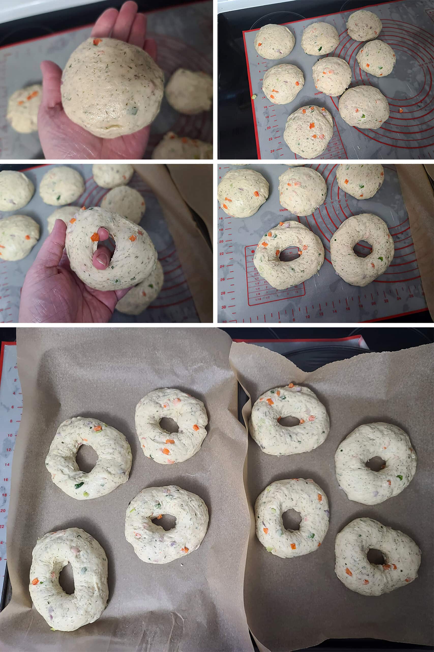 A 5 part image showing the dough pieces being rolled into balls and formed into bagels.