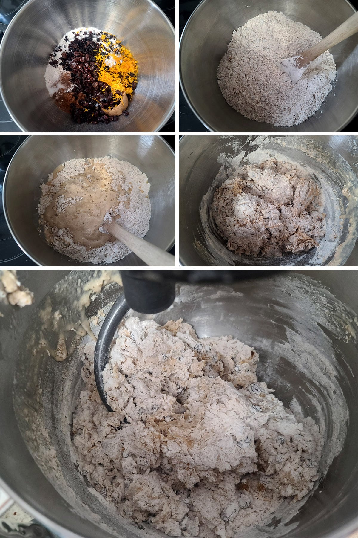 A 5 part image showing the dough ingredients being mixed into a loose dough.