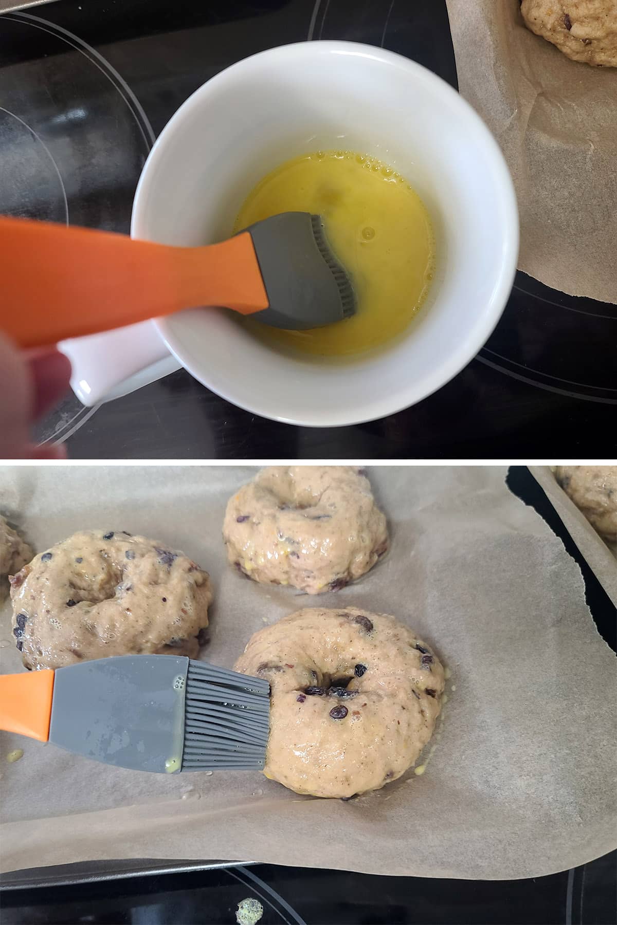 A 2 part image showing the egg wash being mixed and brushed on the bagels.