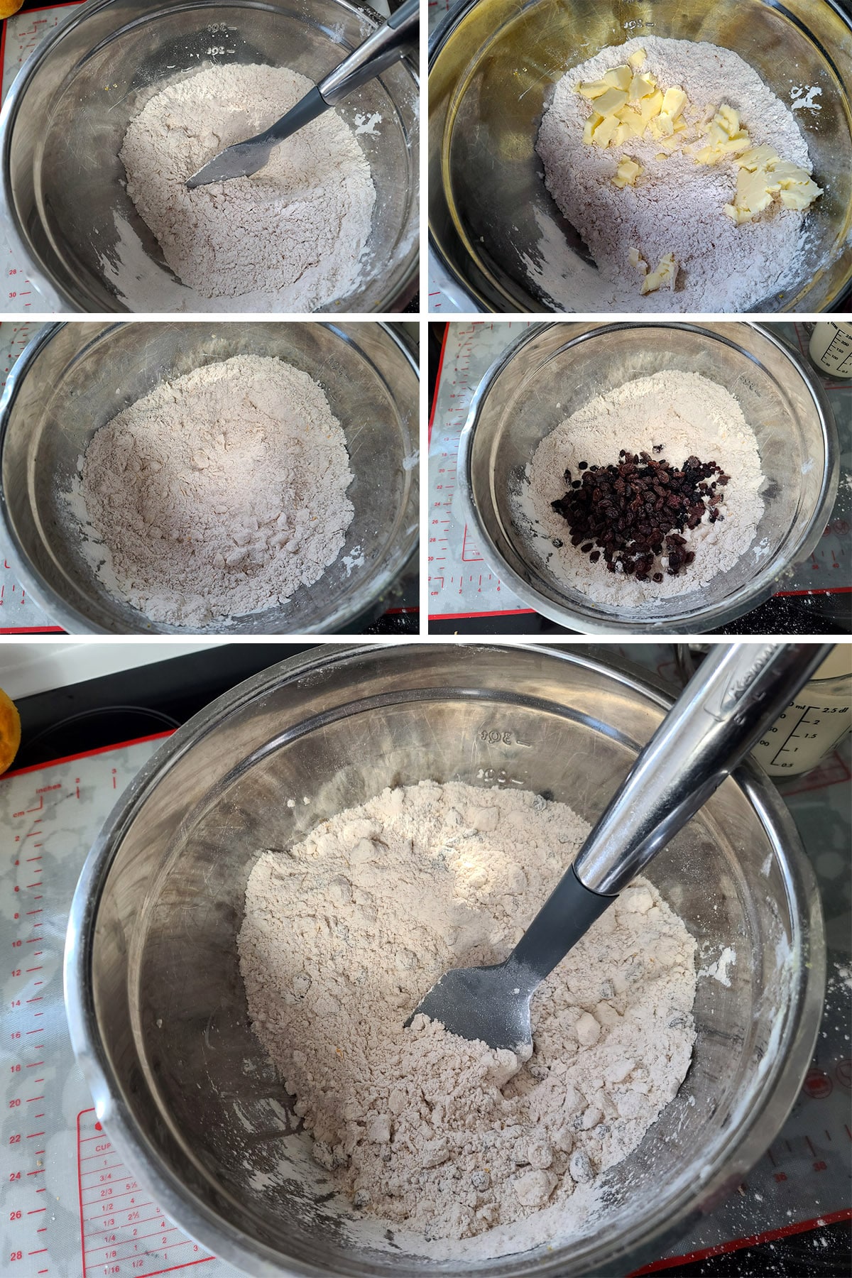 A 5 part image showing the butter being cut into the flour mixture, then the raisins stirred in.