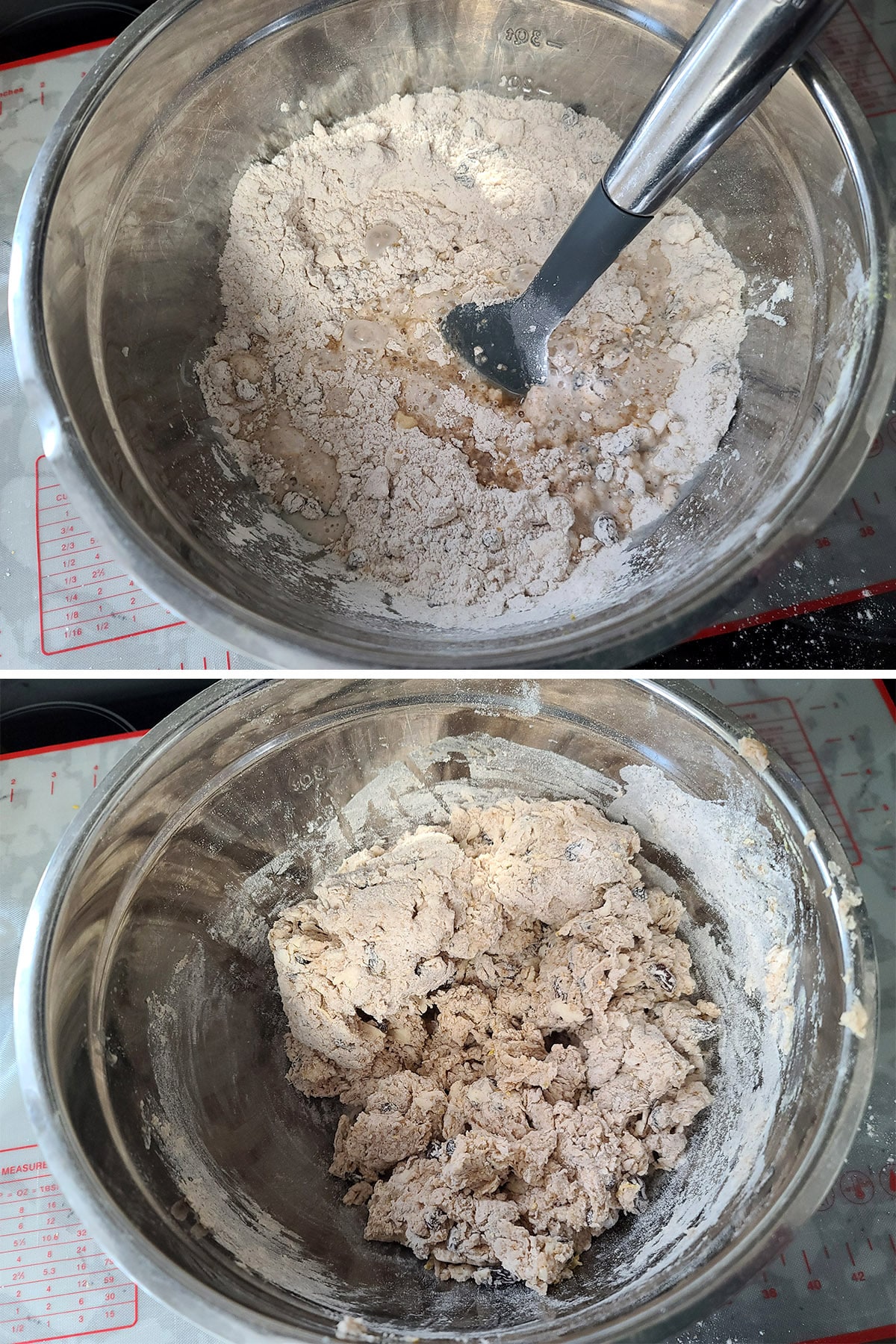The milk being added to the bowl of dough ingredients and mixed to a shaggy dough.