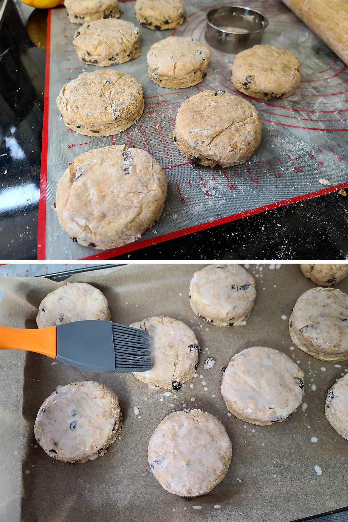 A 2 part image showing the cut scones being brushed with milk.