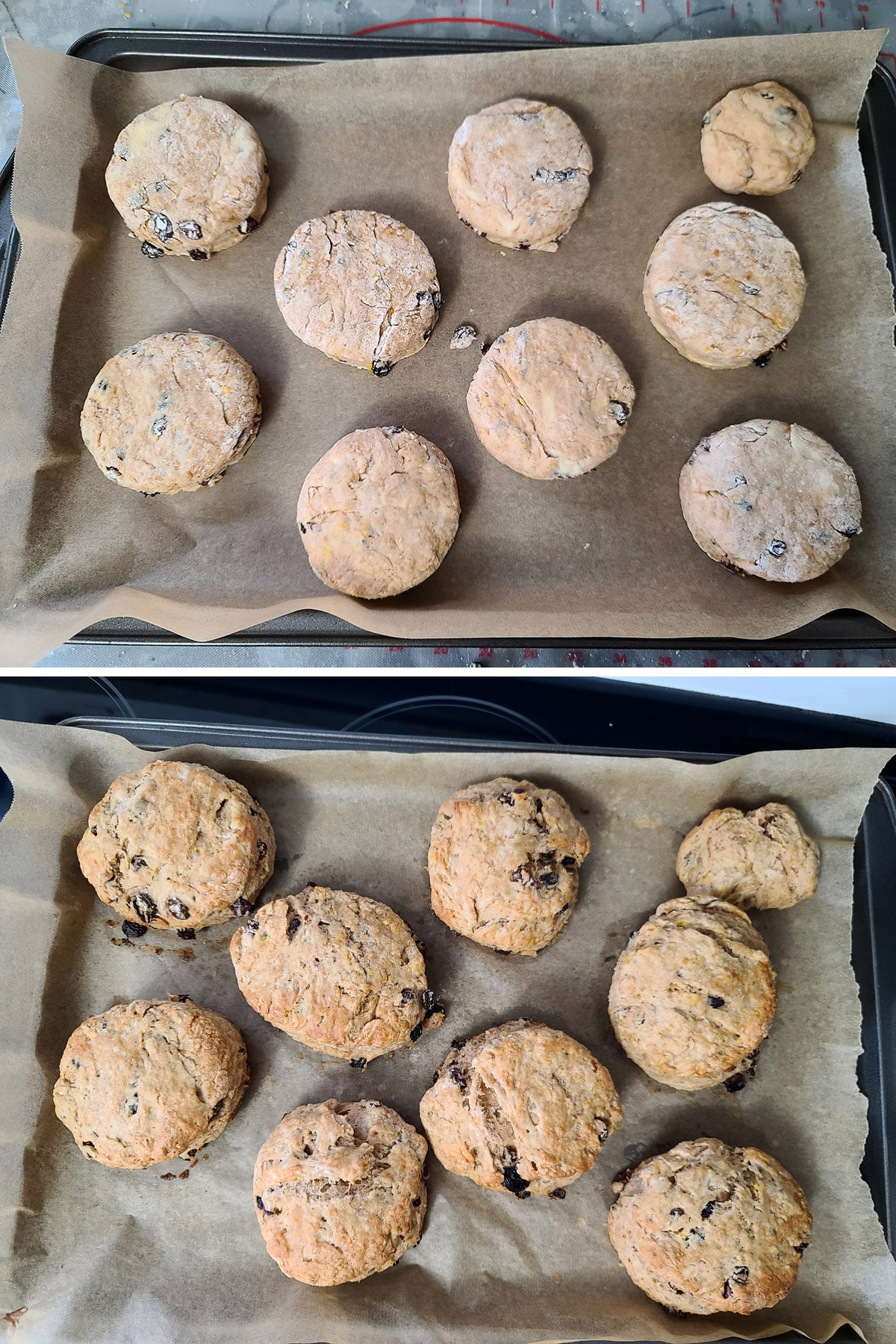 The pan of hot cross scones, before and after baking.
