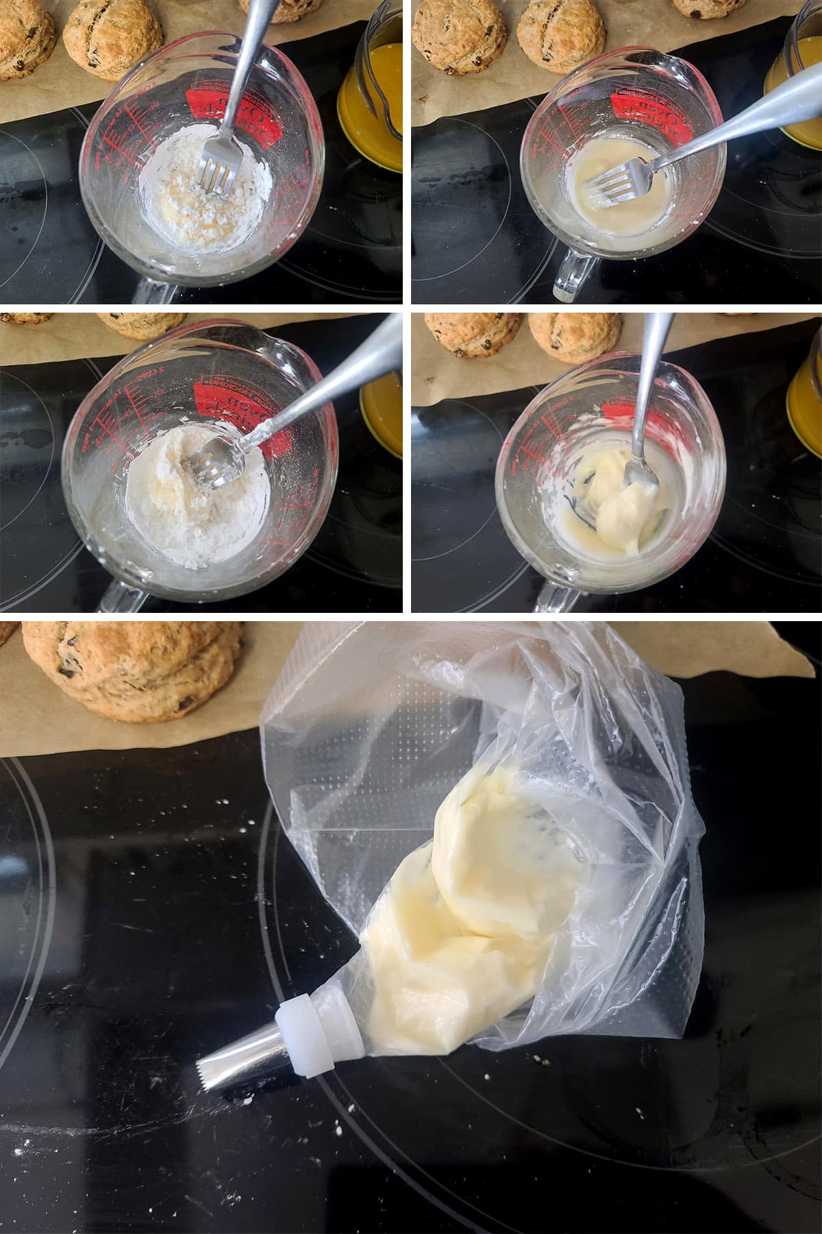 A 5 part image showing the orange icing being mixed and spooned into the prepared pastry bag.