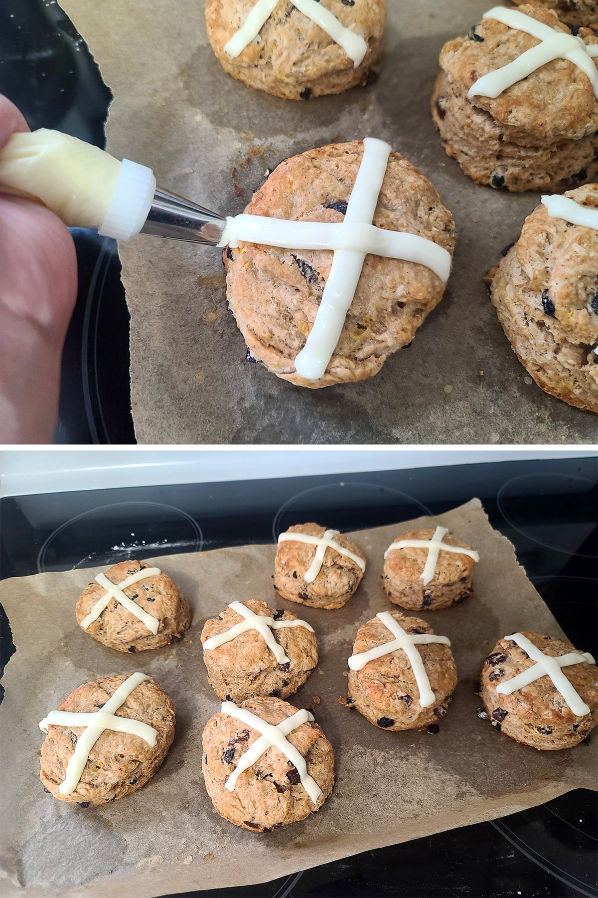 A 2 part image showing the bag of frosting piping a large X across each scone.