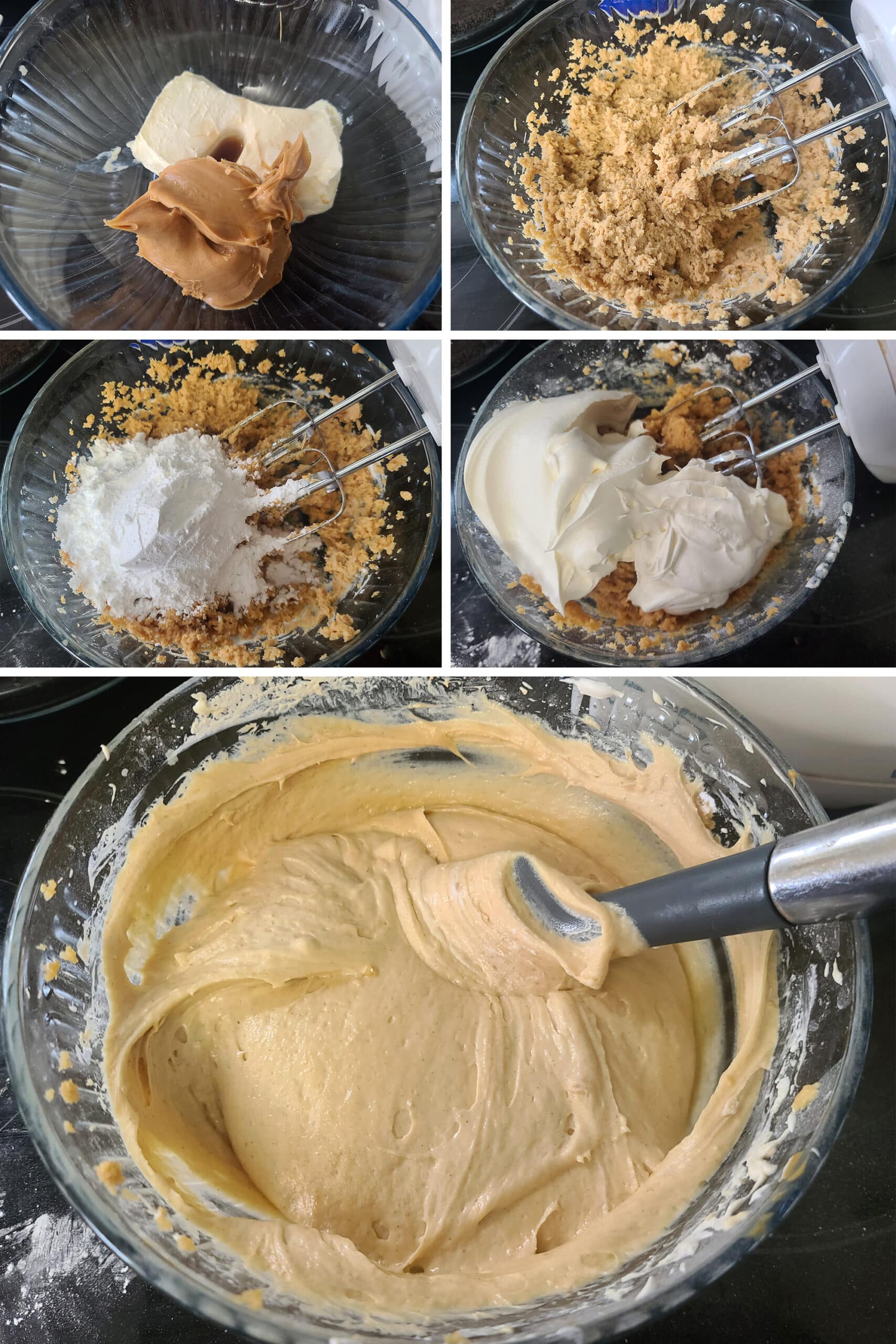 A 5 part image showing the peanut butter pie filling being mixed together in stages.