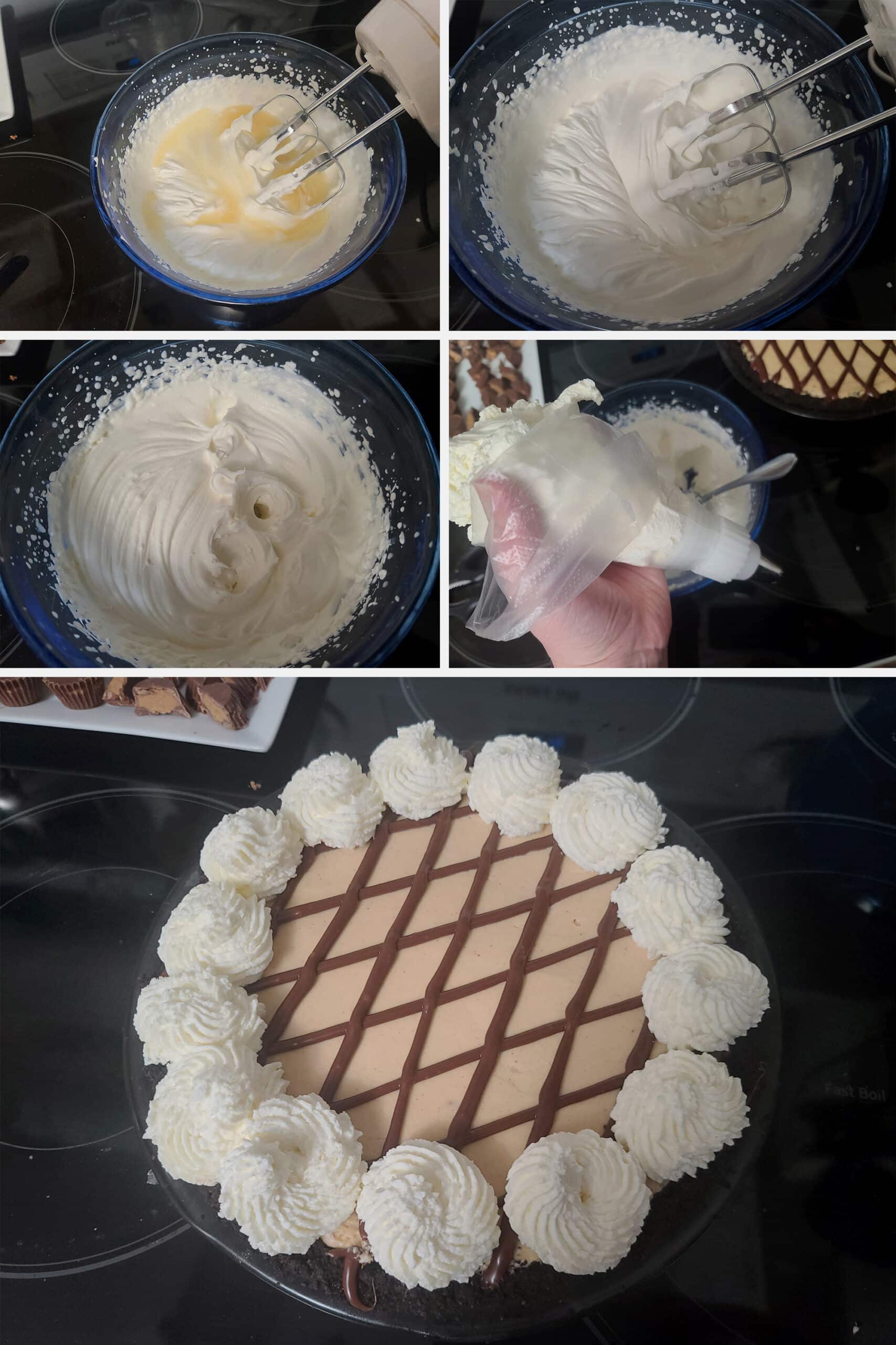 A 5 part image showing the gelatin being added to the whipped cream, then the whipped cream being piped in rosettes around the edge of the pie.