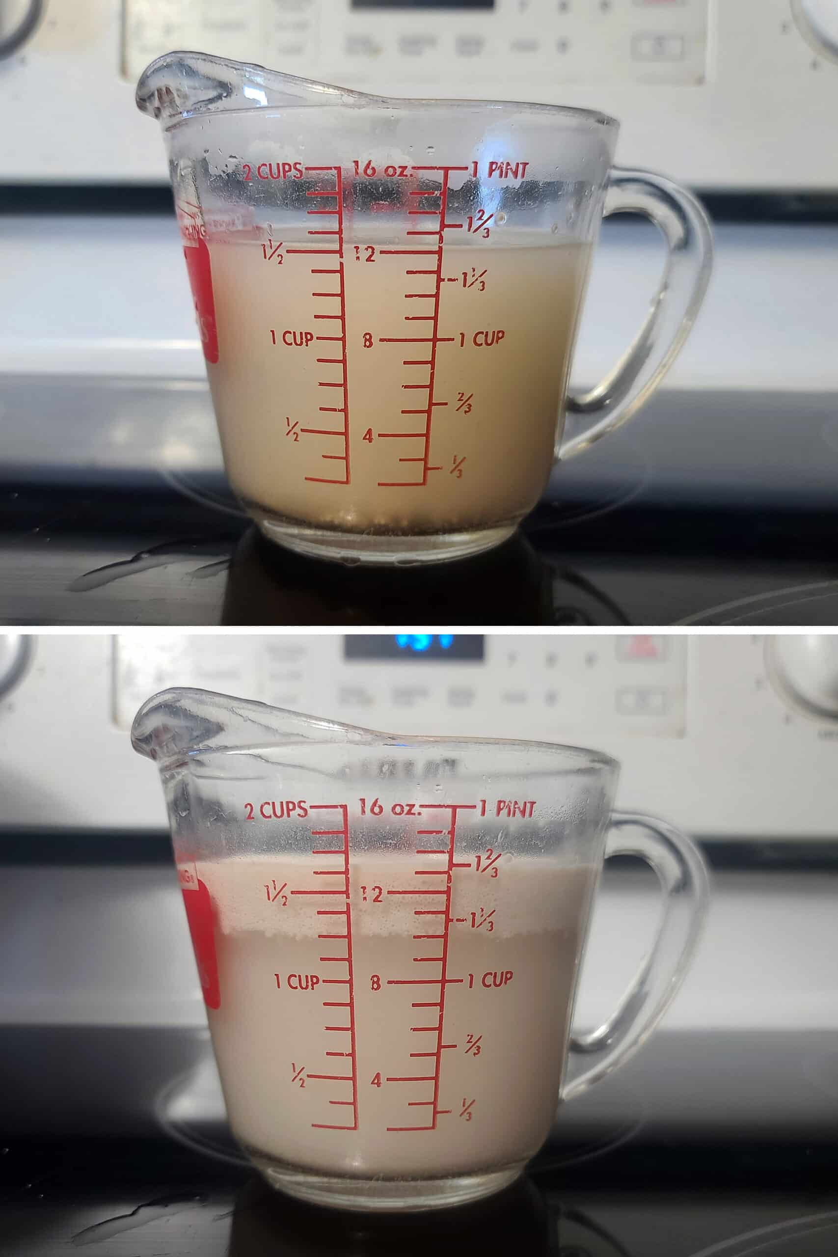 A 2 part image showing a measuring glass of water and yeast, before and after foaming up.