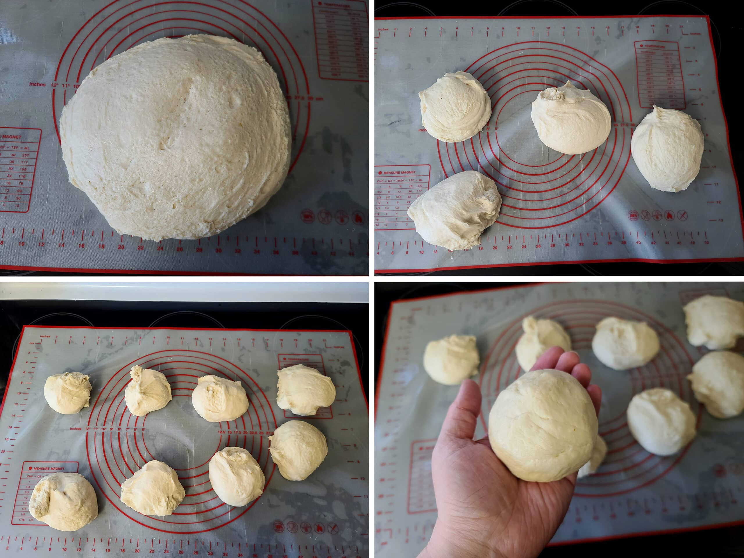 A 4 part image showing the dough ball being divided into 8 pieces and rolled into smooth balls.