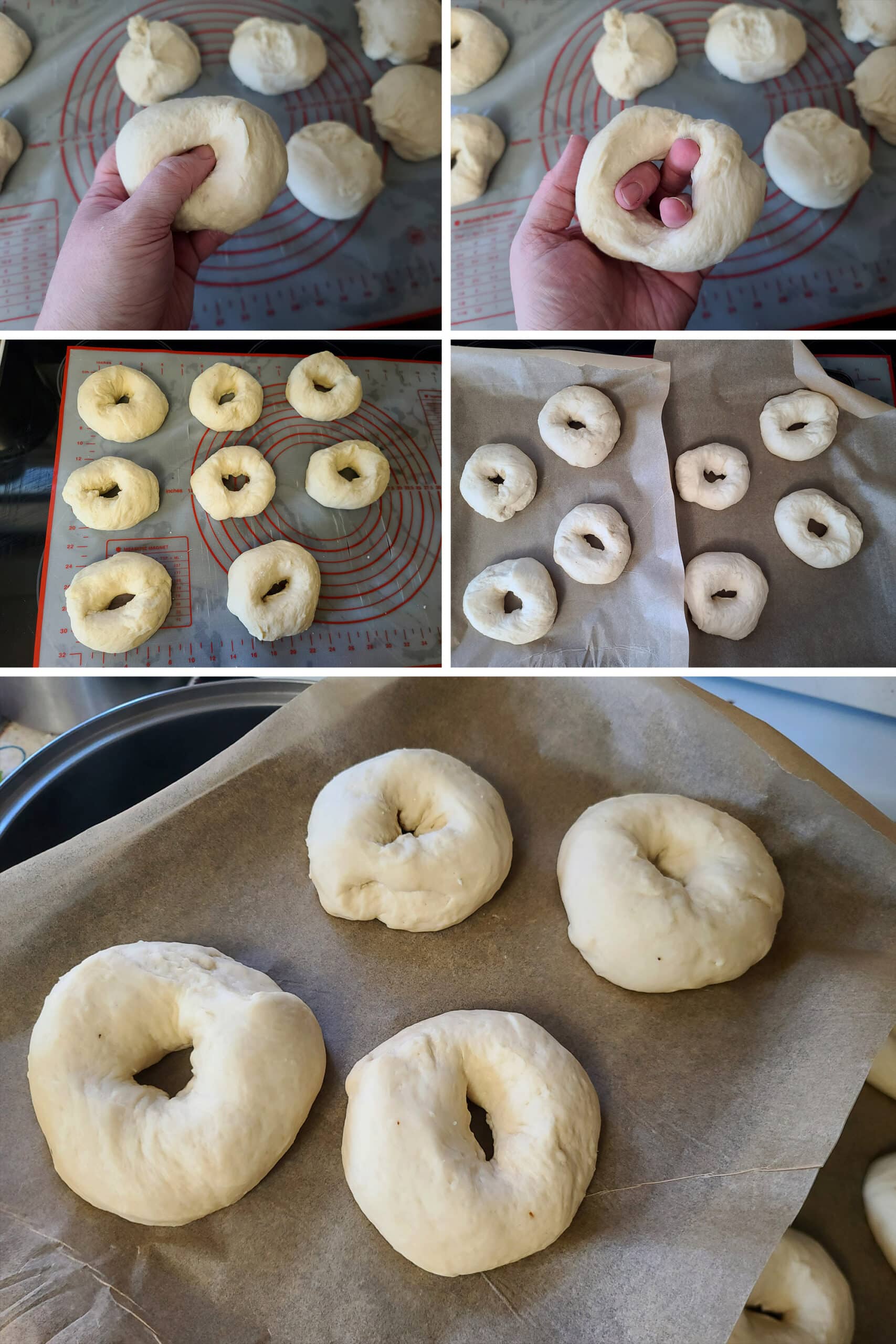 A 5 part image showing the garlic asiago dough being formed into bagels and placed on 2 parchment lined baking sheets.