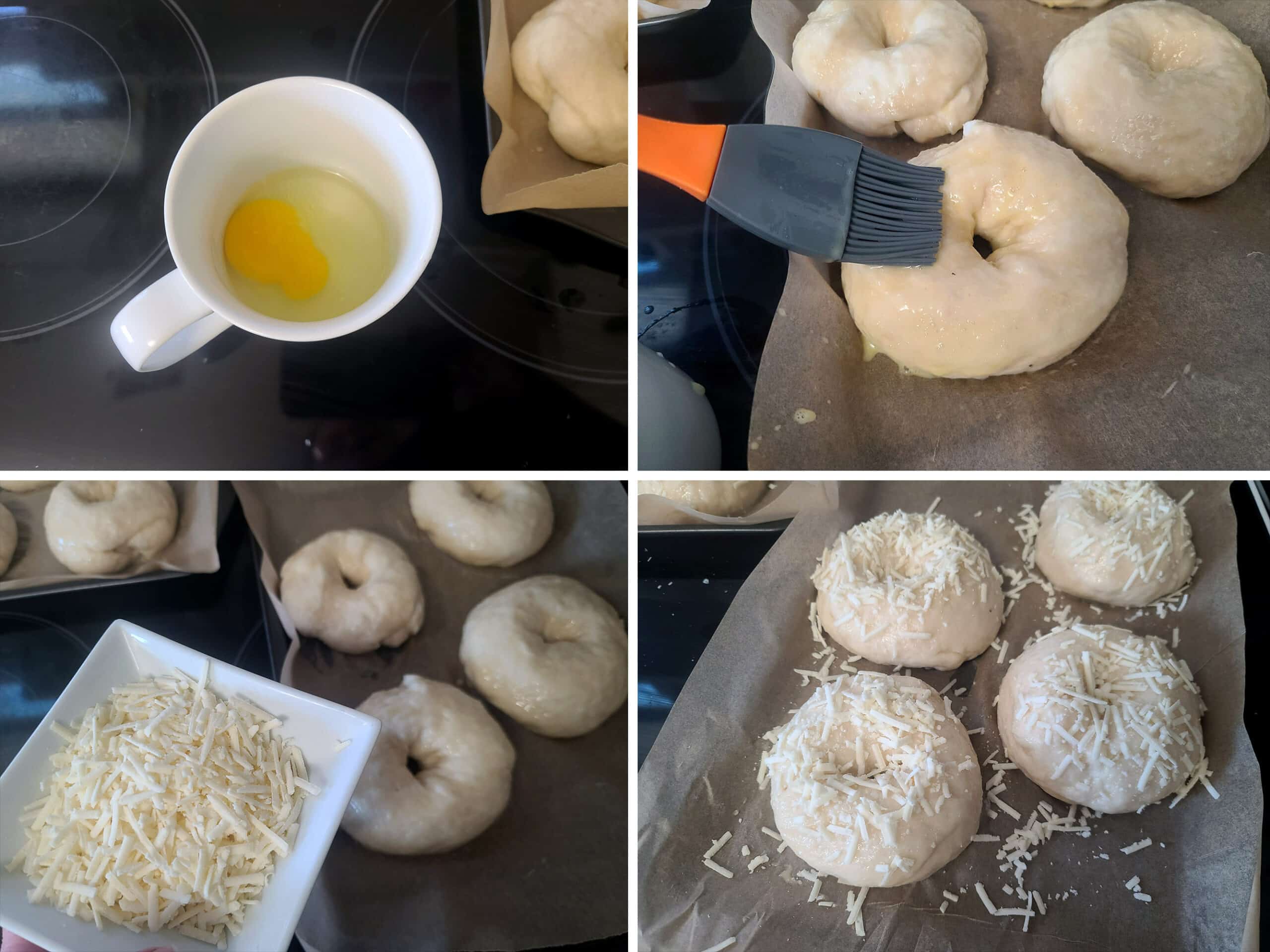 A 4 part image showing the egg wash being mixed, brushed on the asiago bagels, then topped with shredded cheese.