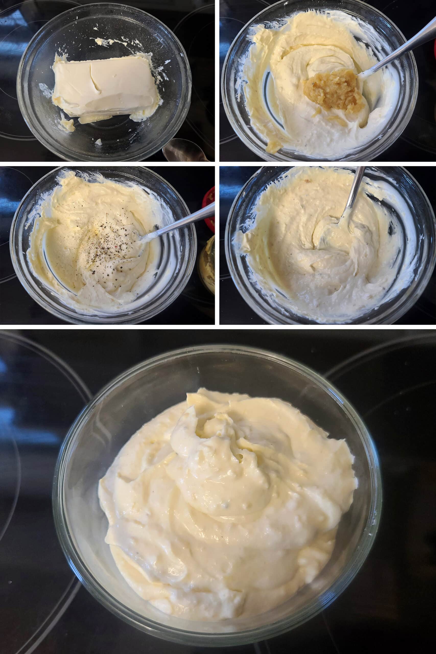 A 5 part image showing the roasted garlic cream cheese being mixed together.