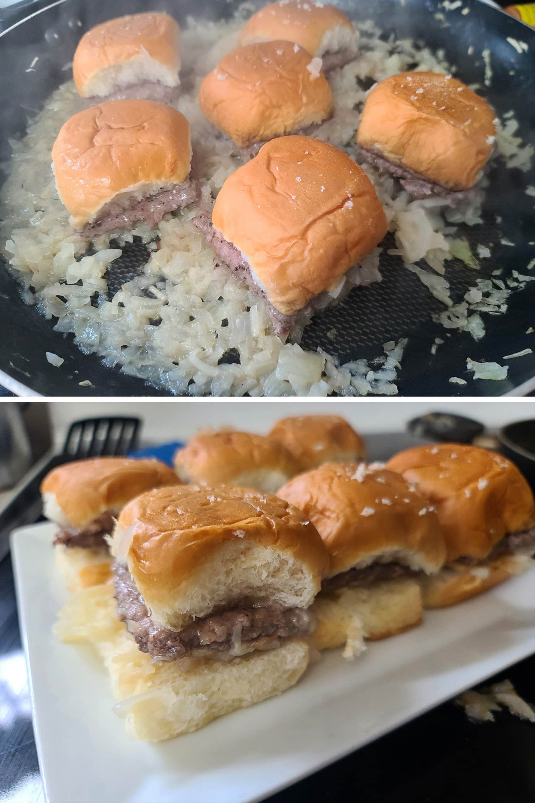 A 2 part image showing the burger patties being covered with buns, then the patties and tops placed on the bun bottoms on a plate.