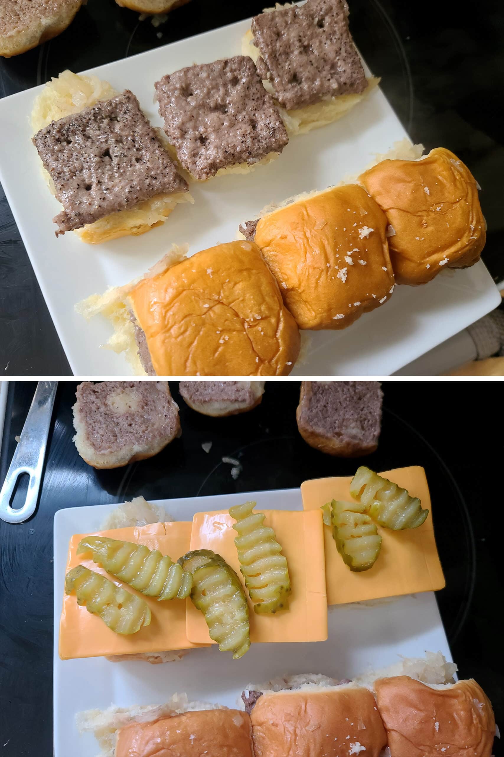 A 2 part image showing the bun tops removed, and the patties being topped with cheese and pickles.