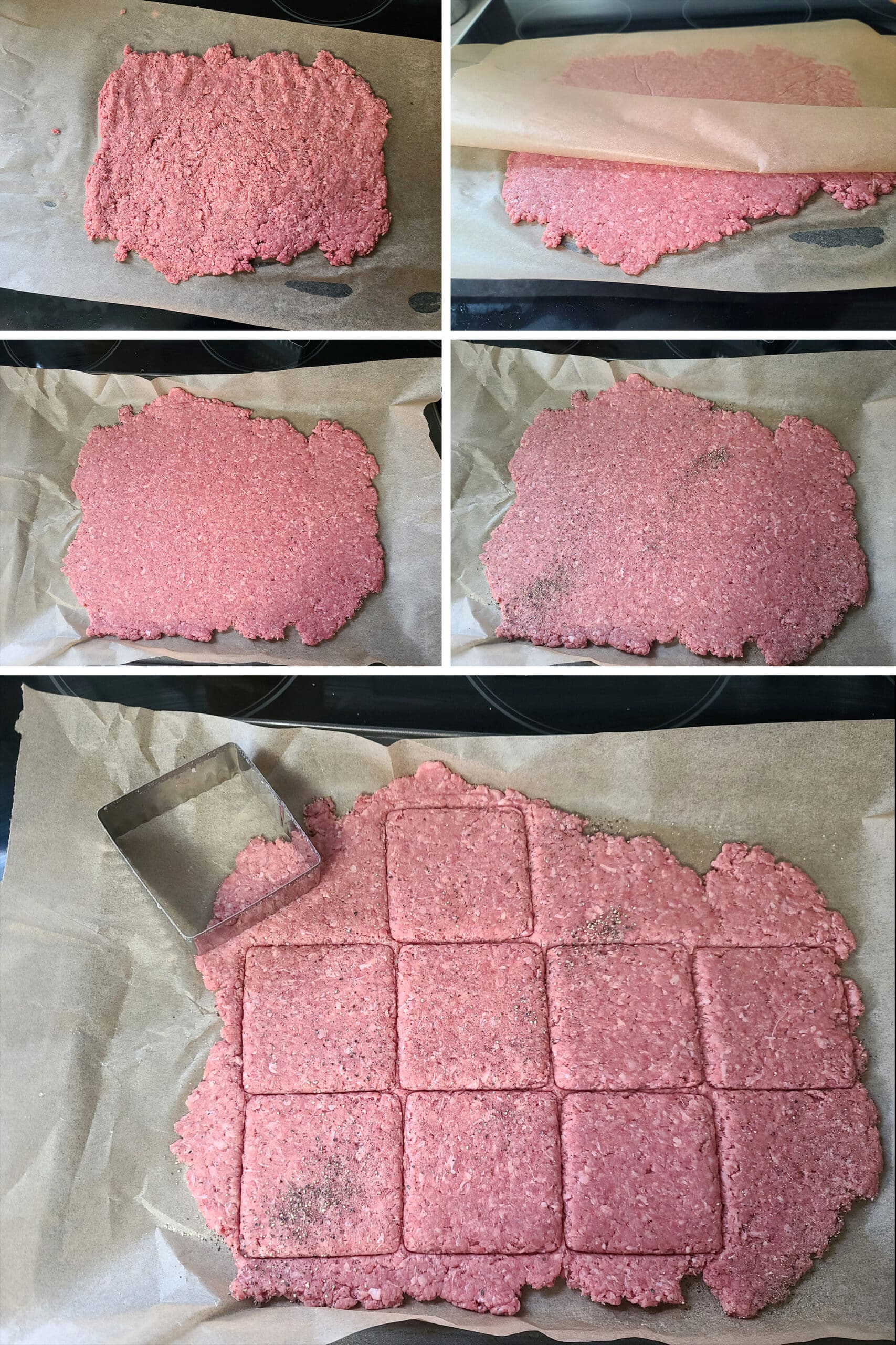 A 4 part image showing the ground beef being rolled thin between parchment paper and cut with a square cookie cutter.