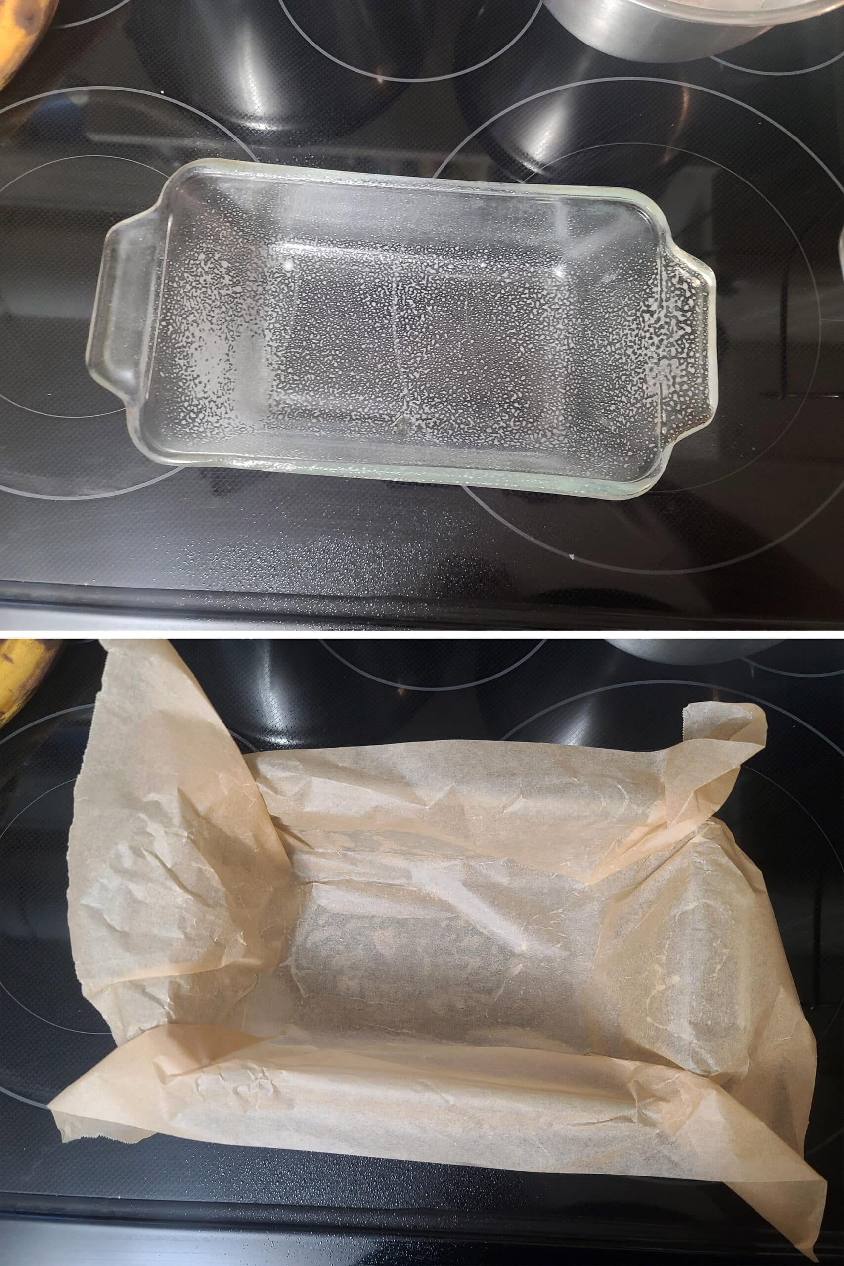 2 part image showing a loaf pan being sprayed and lined with parchment paper.