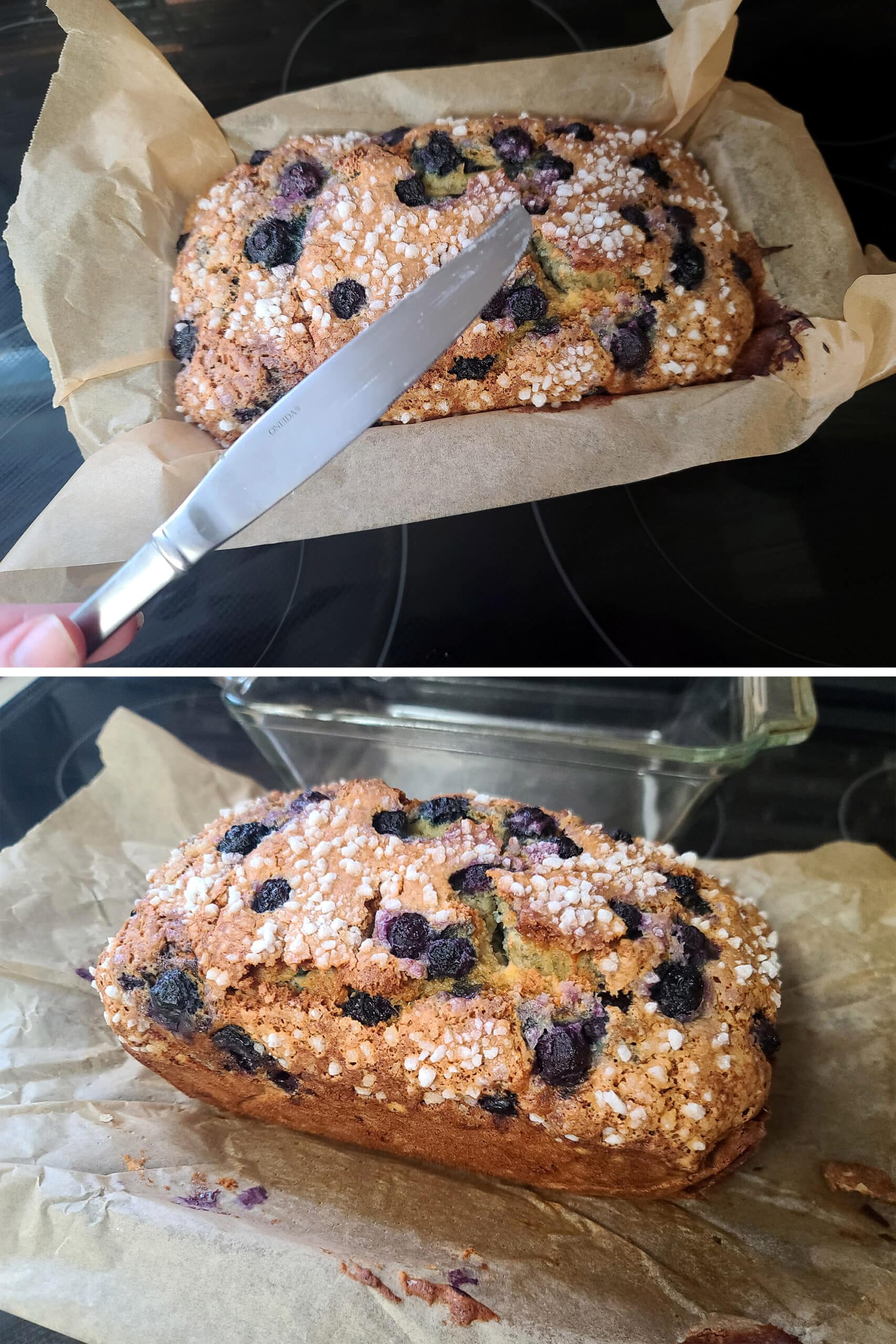 A 2 part image showing a clean knife held above the loaf, then the loaf removed from the pan.